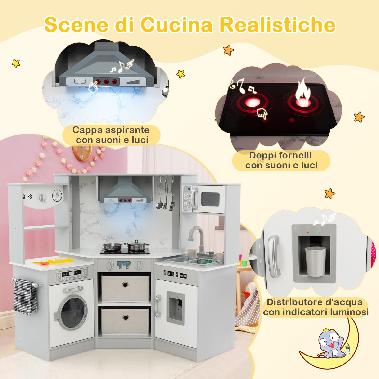 GYMAX Cucina da Gioco ad Angolo, Cucina Giocattolo in Legno con Luci e Suoni Realistici, Sistema di Circolazione dell'Acqua, Lavatrice e Accessori, per Bambini dai 3 Anni+ (Grigio)