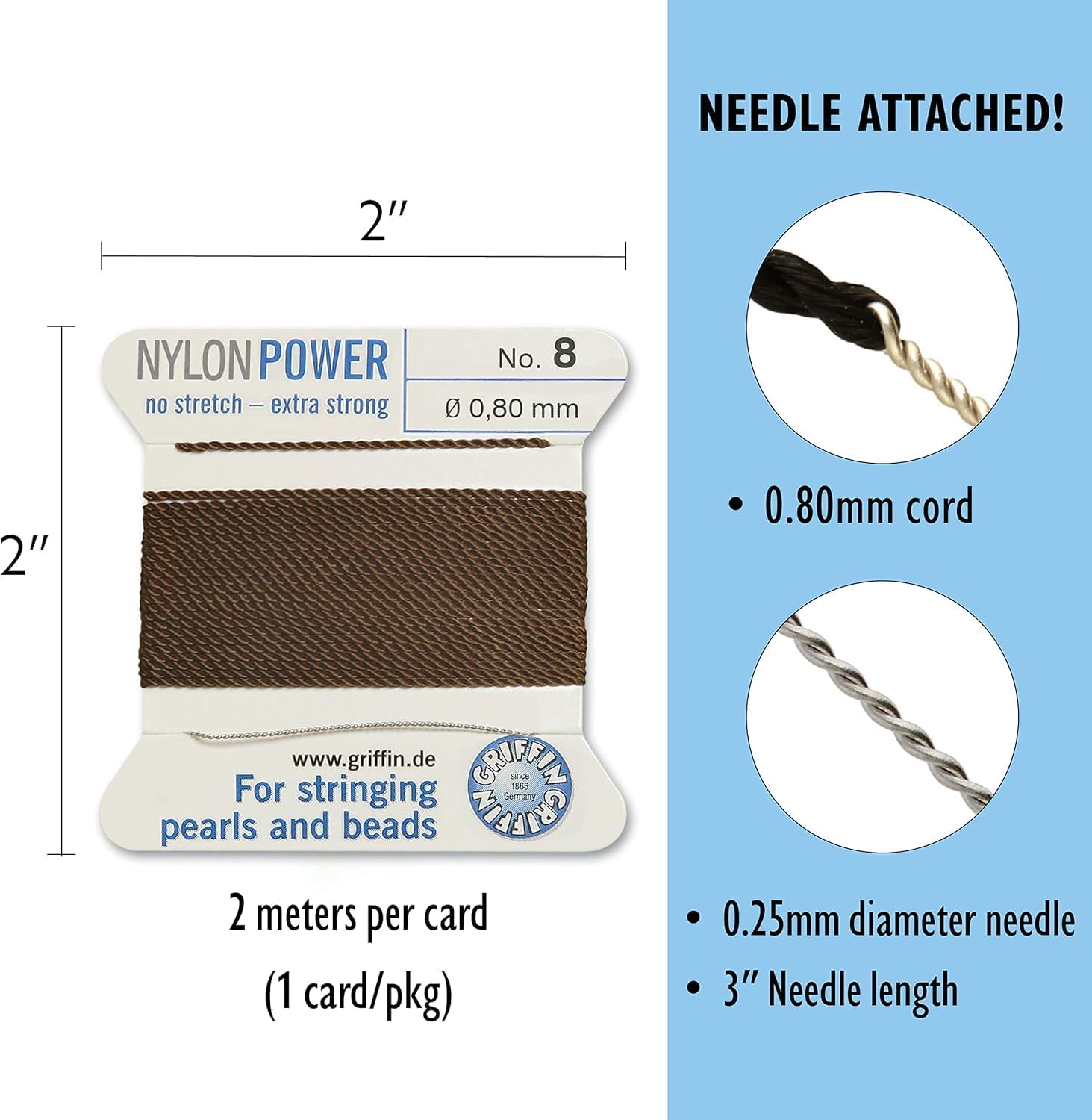 Griffin Bead Cord Nylon Brown #8 - Griffin NylonPower with Stainless Steel Needle Attached – for Knotting Pearls, Gemstones, Crystals and Beads