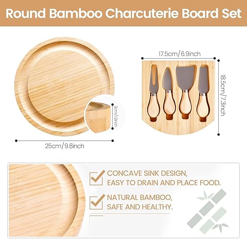 Miniatura 3 de Juego de tabla de queso de bambú, tabla redonda para charcutería, plato con diseño de cajón deslizante, incluye 4 cuchillos de queso de acero