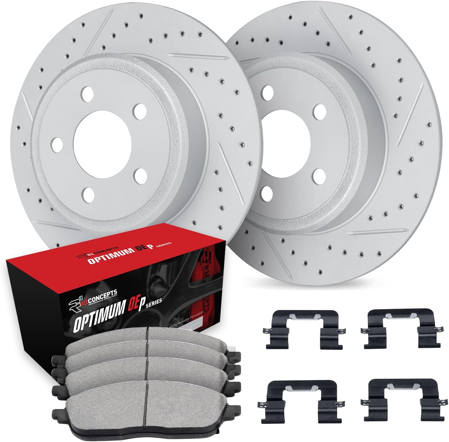 R1 Concepts Rear Brake Kit For 2020-2024 Mercedes Benz GLE350| Drilled Slotted Brake Rotors| Optimum Oep Brake Pads and Rotors Kit|Hardware included