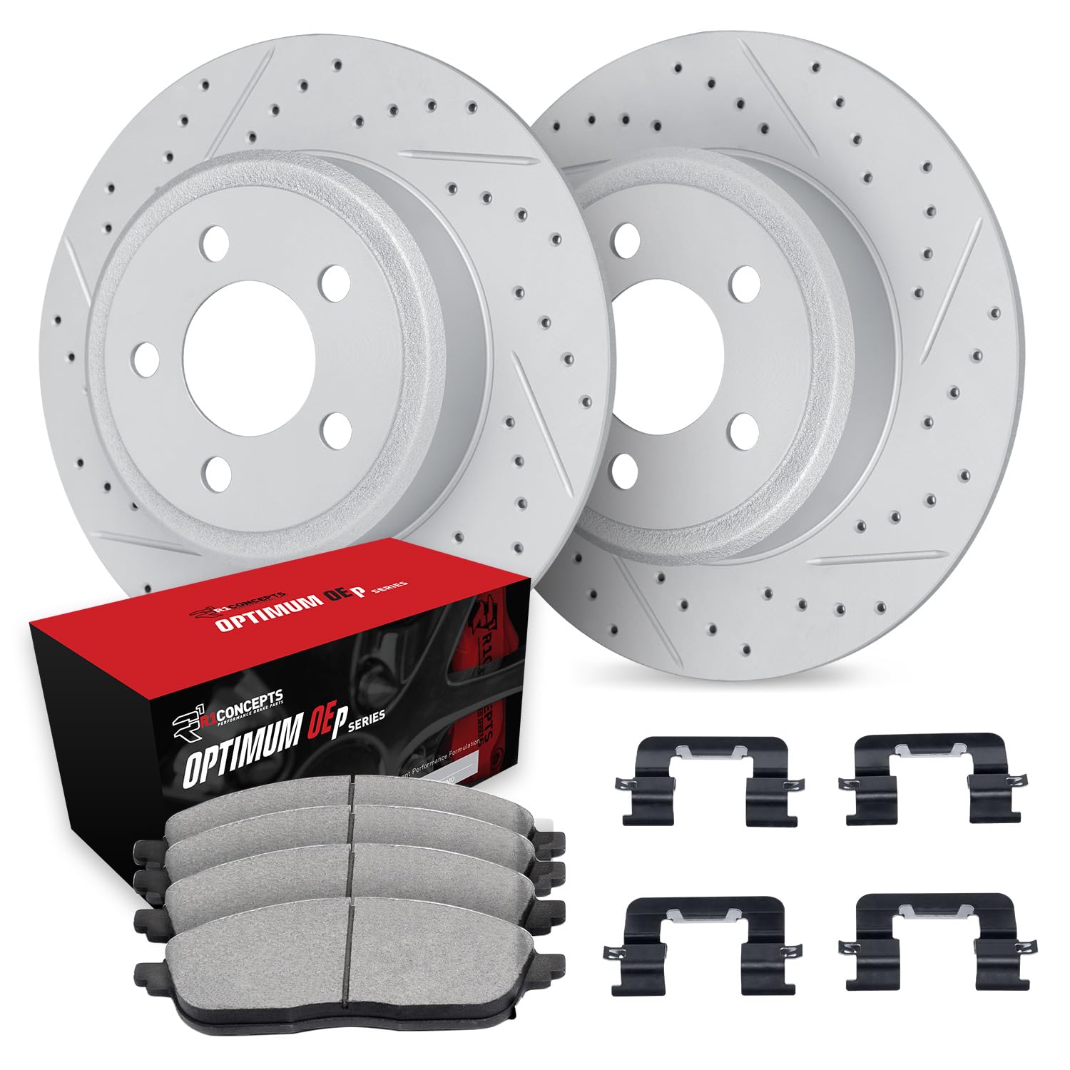 R1 Concepts Rear Brakes and Rotors Kit |Rear Brake Pads| Brake Rotors and Pads| Optimum OEp Brake Pads and Rotors |Hardware Kit|fits 2018-2022 Hyundai Kona; Kia Seltos