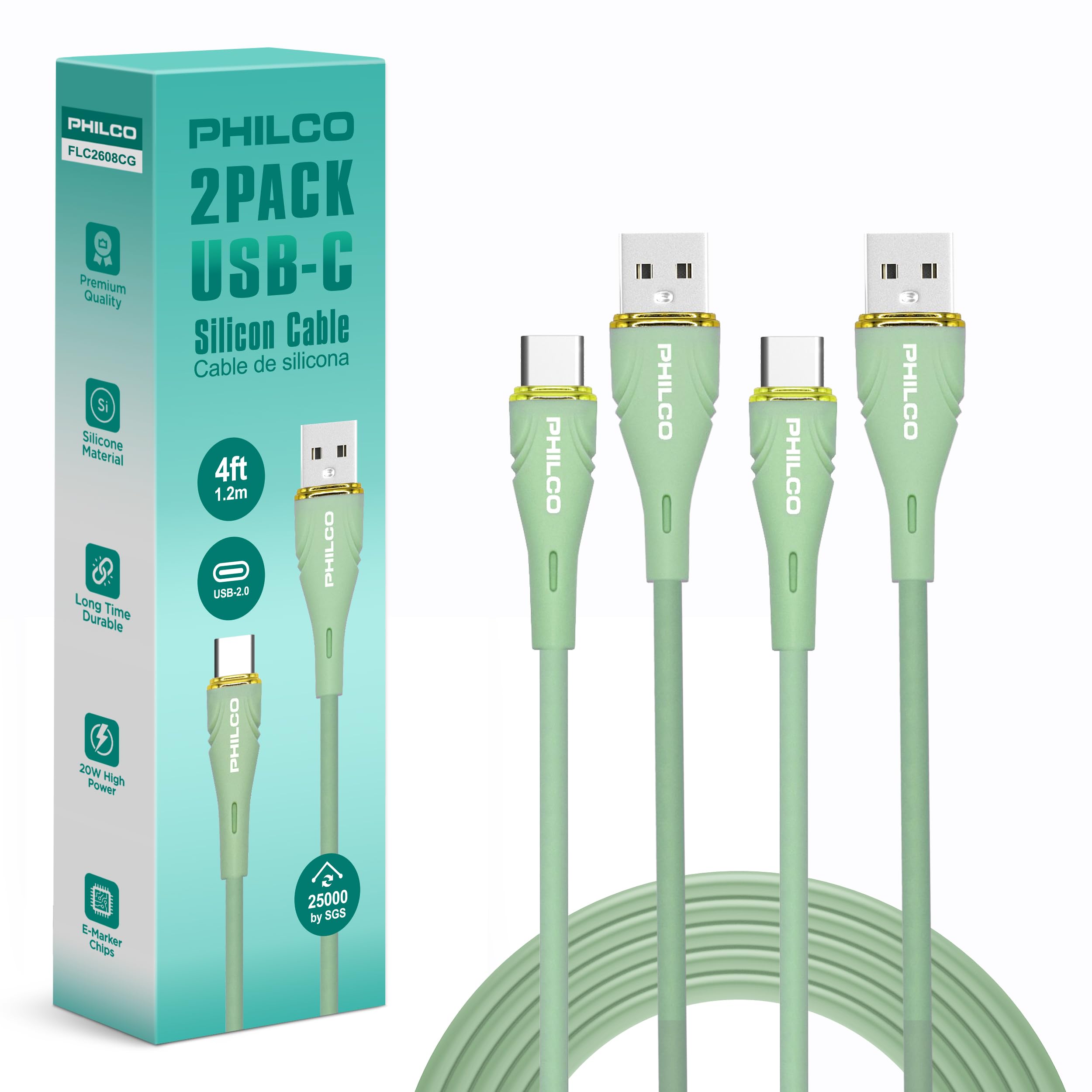 Philco Lot de 2 câbles USB vers USB C, câble de charge de type C, charge rapide USB A vers USB C, 20 W, 1,2 m, USB C en silicone anti-nœuds pour iPhone 15, 16, MacBook Pro, iPad Air 4, iPad Pro et