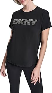 DKNY Womens Short Sleeve Crew Neck Ombre Rhinestone Logo T-Shirt
