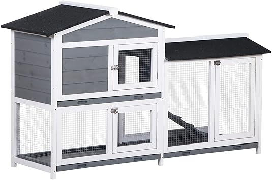 PawHut 62 "Rabbit Hutch، Wooden Bunny Hutch، Guinea Pig Cage، Small Animal Enclosure with Run Area، Removable Tray، Asphalt Roof، Lockable Doors and Ramp، Gray