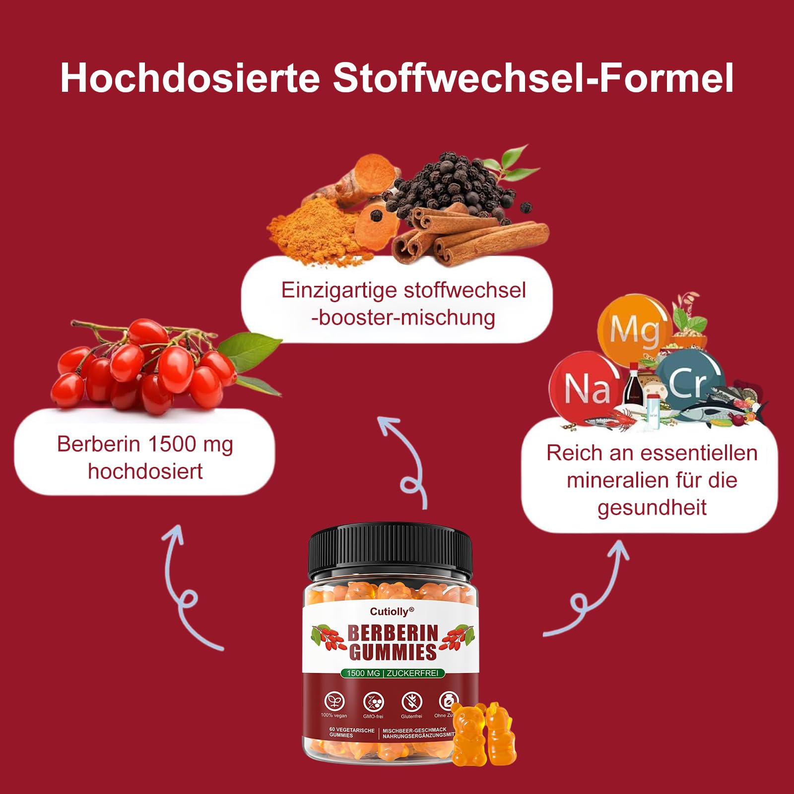 Berberin Gummies,Berberin Gummibärchen,1500mg Hochdosiert Berberine,mit Ceylon-Zimt,Kurkuma,Schwarzem Pfeffer,Zuckerfrei,Vegan,Stoffwechsel & Täglichen Energiebedarf,60 Stück