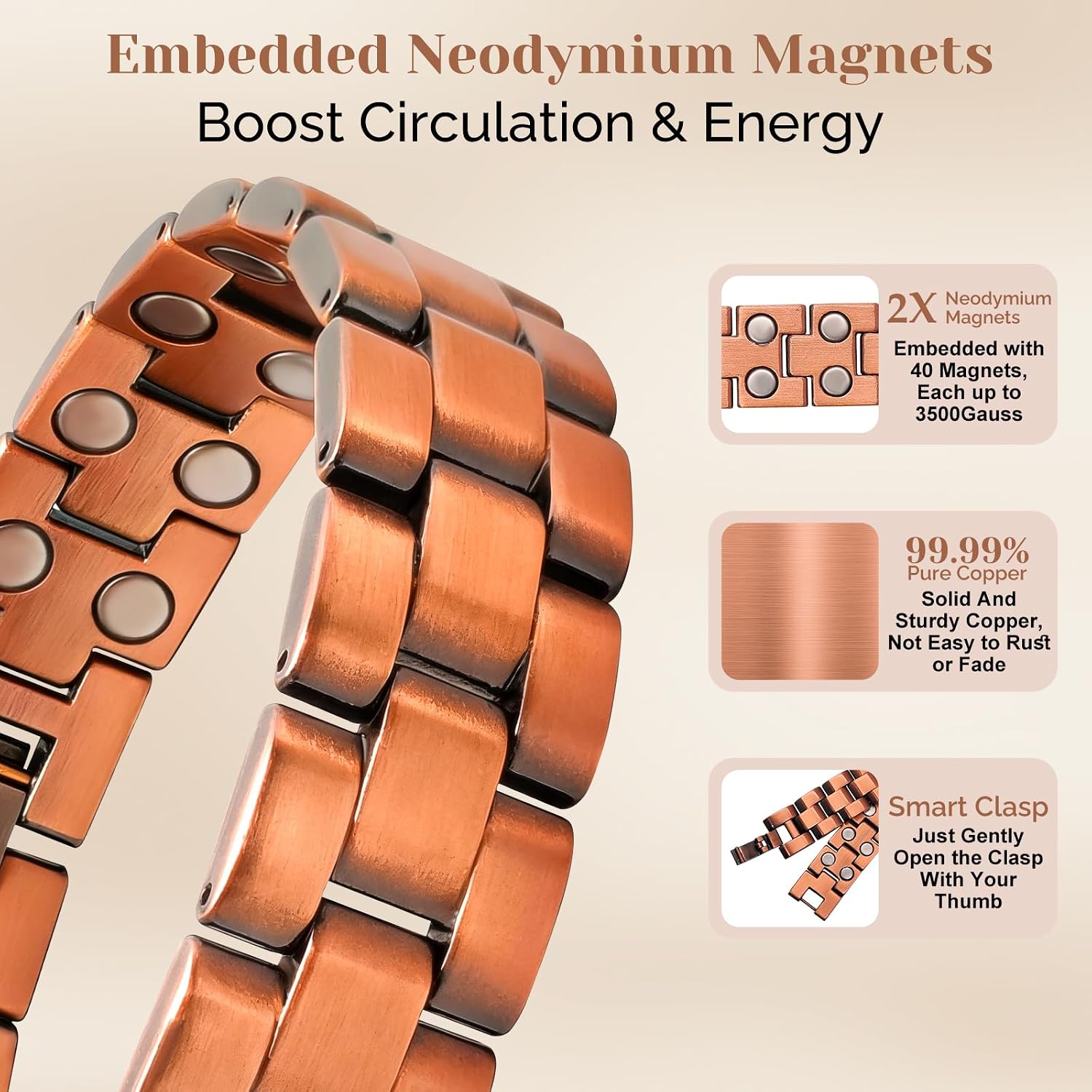 JEROOT Men's Copper Bracelet, 99.99% Pure Copper Bracelet, Magnetic Bracelet for Men, Adjustable with Size Adjustment Tool, Pulsera De Cobre Para Hombres, Men's Jewelry Gifts, Birthday Gifts image 2