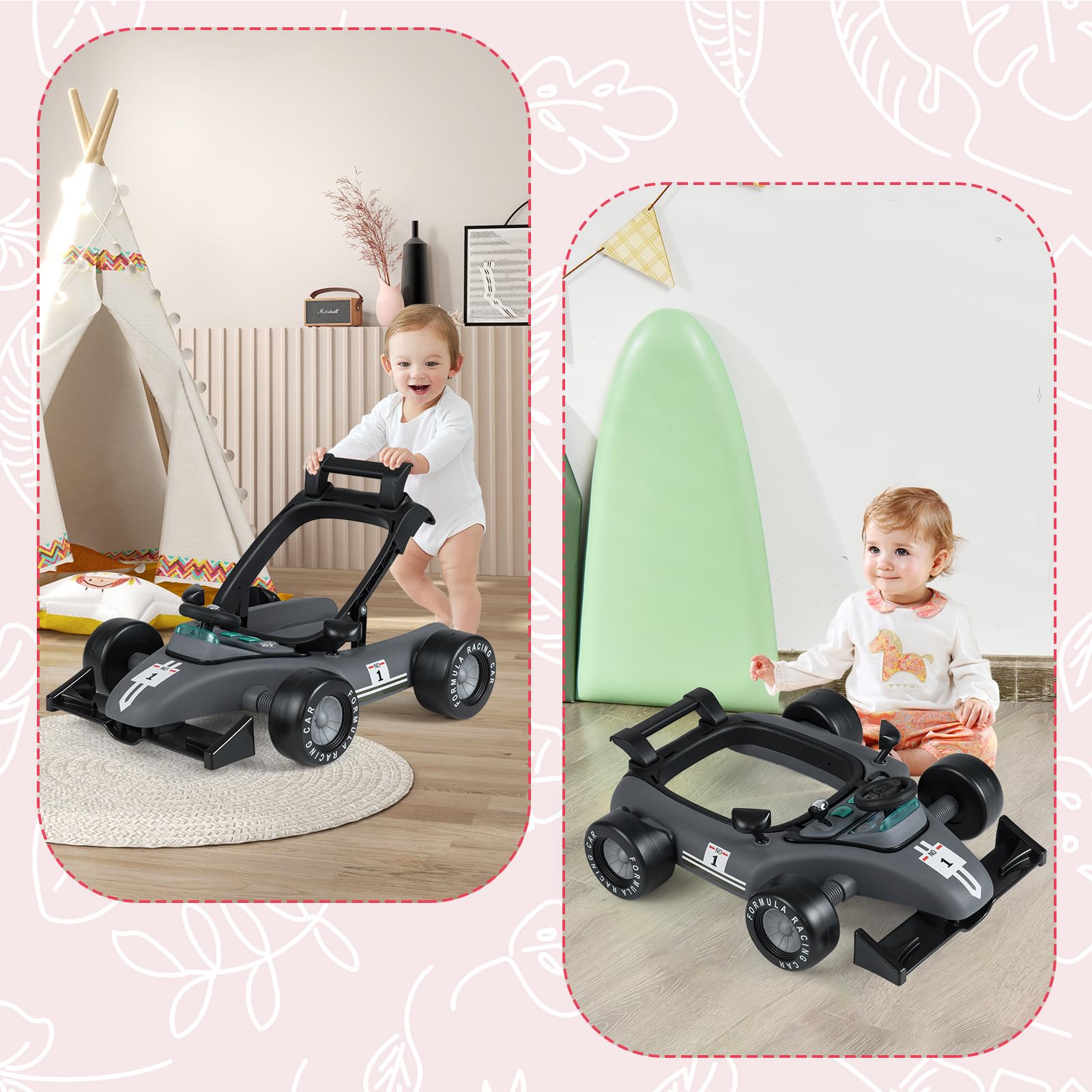 COSTWAY Trotteur Bébé Garçon Pliable 4 en 1 avec 3 Hauteur Réglable, Trotteur Marche Bébé Garçon Évolutif avec Musique & Lumière, Roues Silencieuses, 5 Patins Antidérapants (Gris Foncé)