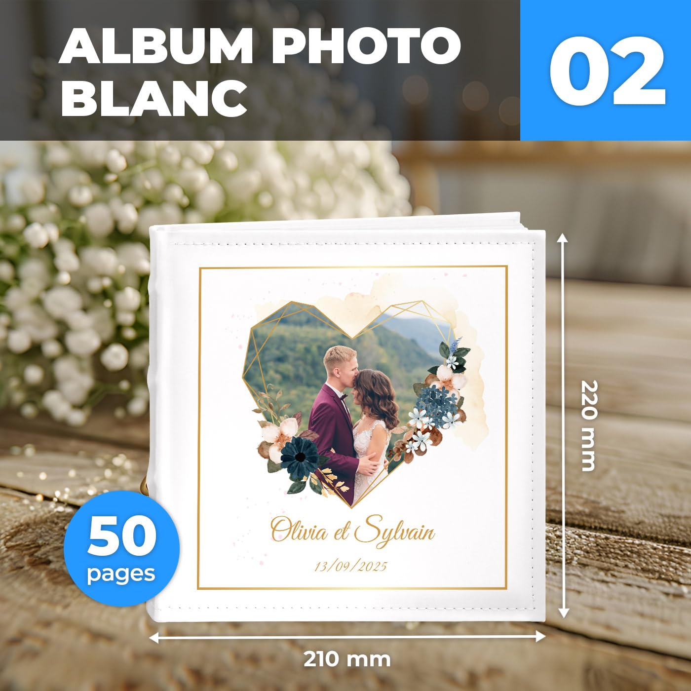 Album De Mariage Blanc Classique Personnalisable - CELLINI DESIGNS - Couverture Photo Et Texte