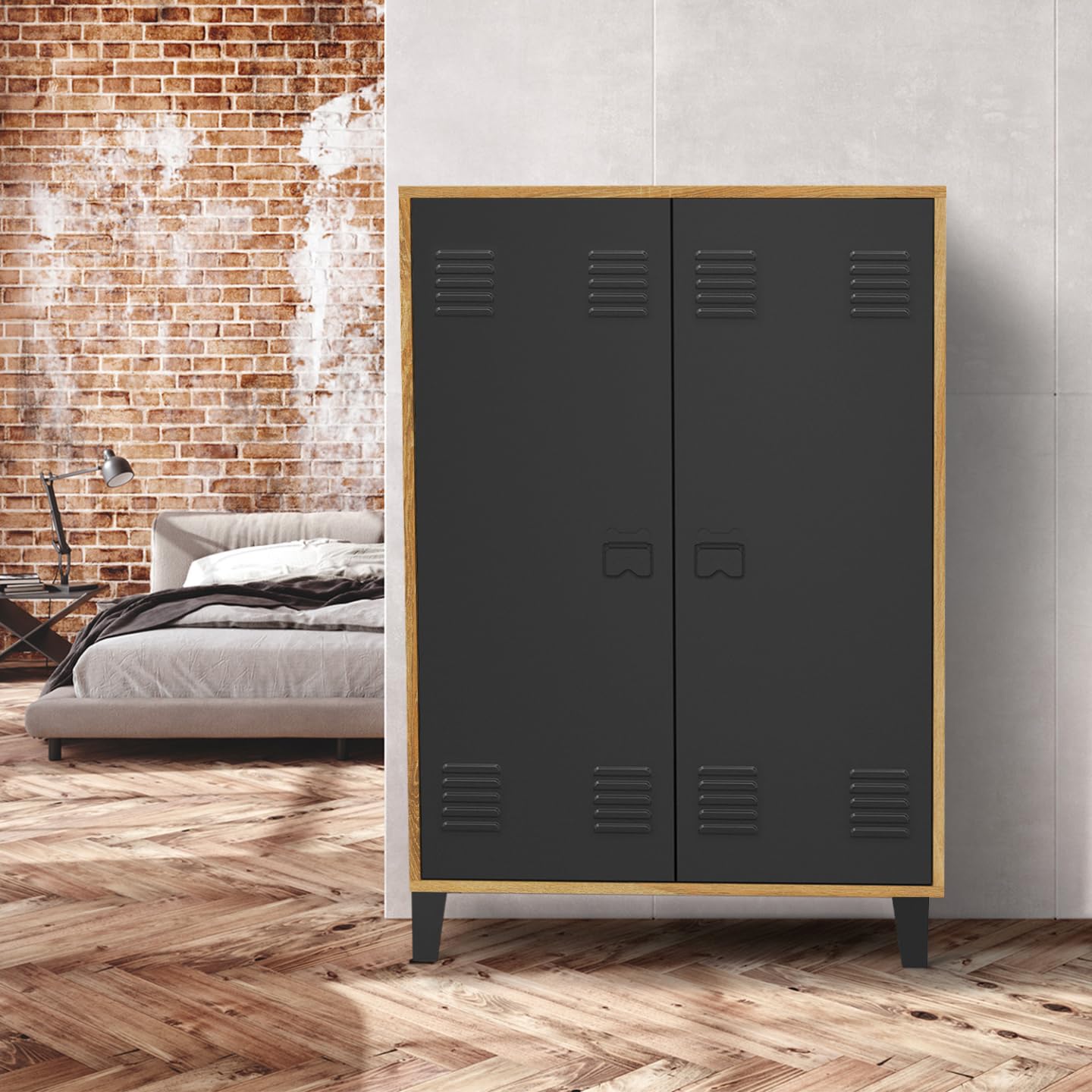 IDMarket - Armoire Basse Ester 2 Portes métal Noir et Contour Bois Design Industriel