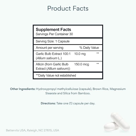 Bettervits Garlic Supplement 1000mg, Odorless Allicin Pills | 30 Capsules