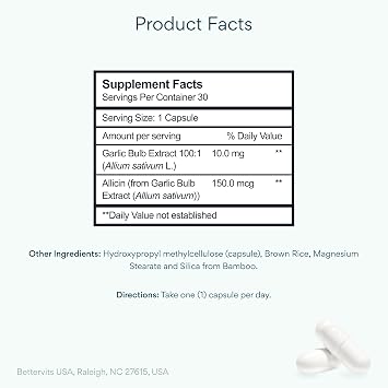 Bettervits Garlic Supplement 1000mg, Odorless Allicin Pills | 30 Capsules