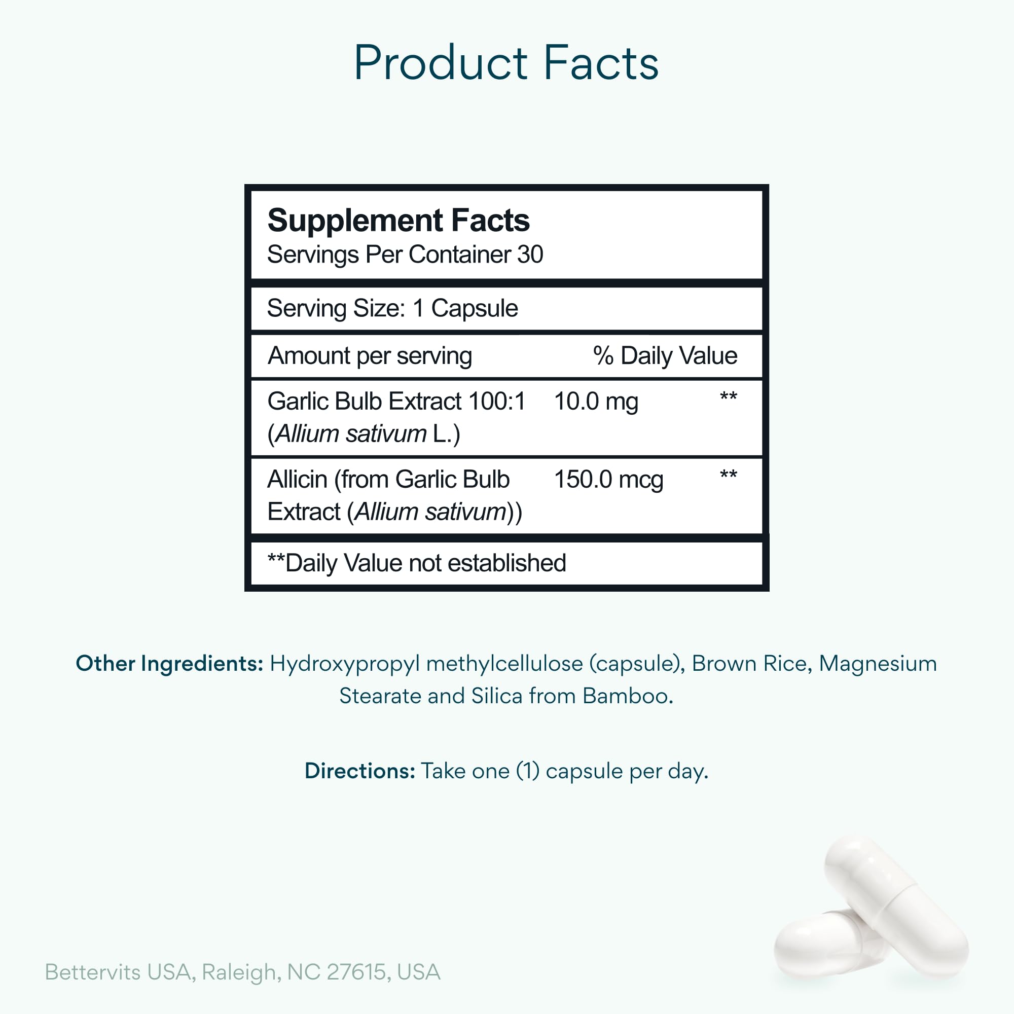 Bettervits Garlic Supplement 1000mg, Odorless Allicin Pills | 30 Capsules — Amazon image 2