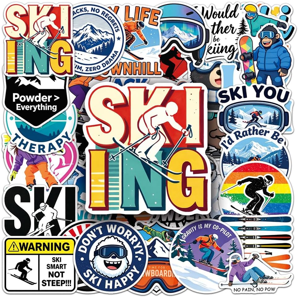 Ski Skiing Snowboarding Stickers |50Pcs Winter Sports Waterproof Vinyl | Removable Reusable Peel & Stick Decals Decoration for Water Bottles Bicycle Laptop Luggage Mobile Phone Skateboard Guitar