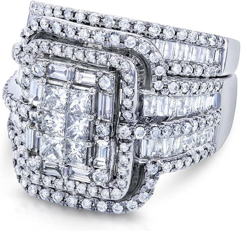 925 Sterling Silver Shiny Full Diamond Gemstone Ring Cubic Zirconia Rings Fold Wear Bridal Sets CZ Diamond Multi Row Ring Eternity Engagement Wedding Band Ring For Women (US Code 9)