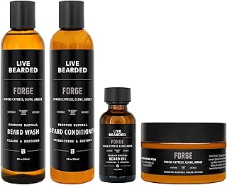 Live Bearded Complete Beard Grooming Kit, Made in the USA with All-Natural Ingredients - Beard Wash, Conditioner, Beard Butter & Beard Oil Kit - Forge Scent, Hinoki Cypress, Clove & Amber
