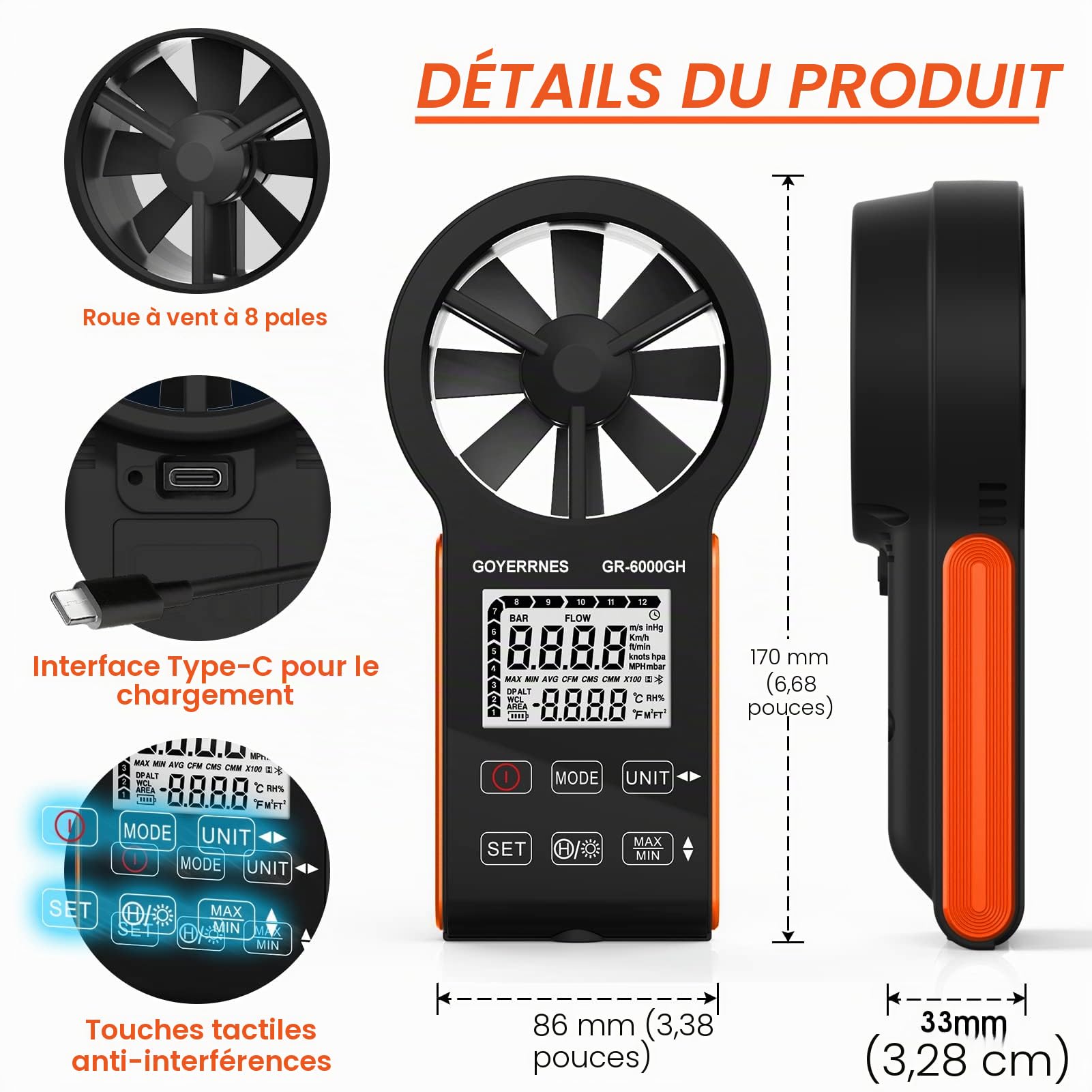 Anémomètre Numérique portatif GR-6000GH CFM Meter Gauge Débitmètre d'air portable Mesure de la vitesse de l'air Volume d'air Température pour les bouches d'aération HVAC, la navigation de plaisance