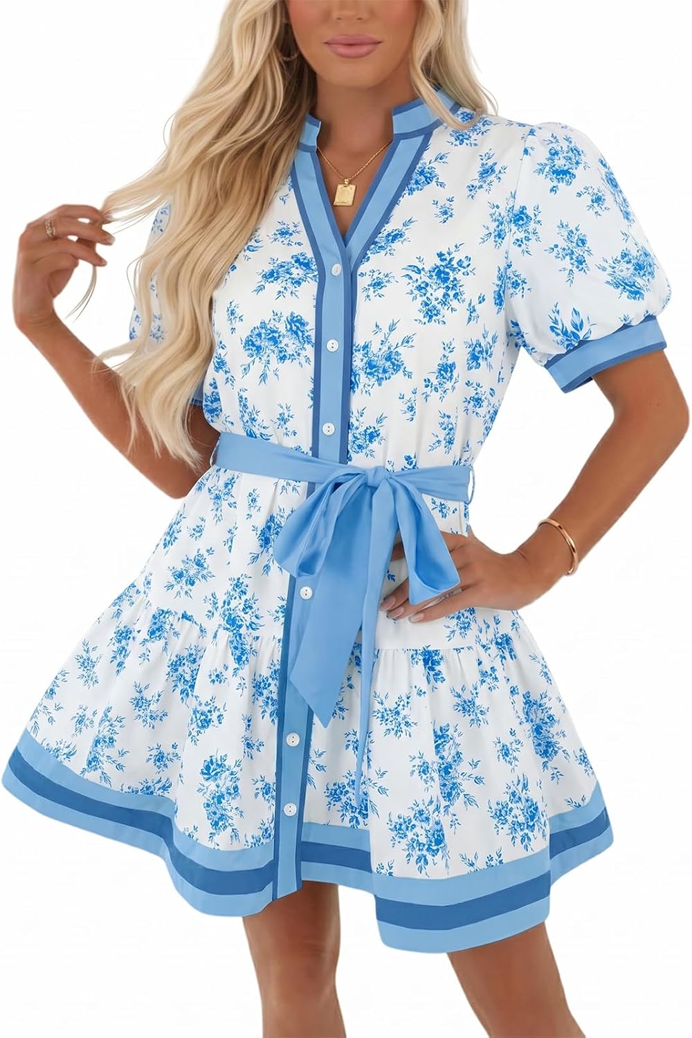 Wenrine Womens Summer Floral Mini Dress Puff Short Sleeve V Neck Button Down Casual Loose Boho Beach Dresses with Belt
