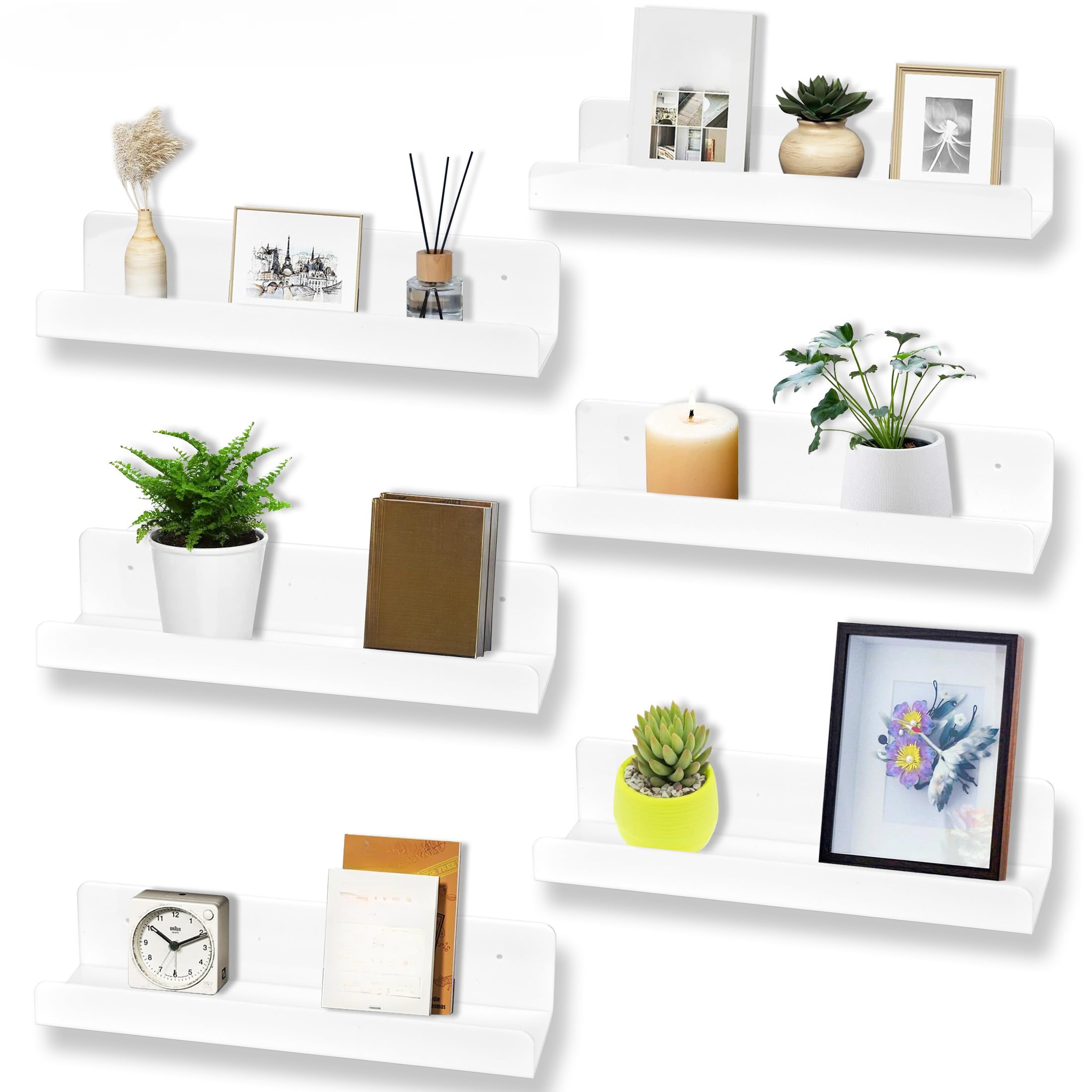 Wuudi Floating Shelves 6 Pack Wall Shelf Plastic Wall-Mounted Shelves 38 CM Display Ledge Shelves Set White Wall Storage Shelves Space-Saving for Living Room, Bedroom, Bathroom