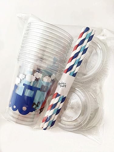 Miniatura 4 de Stesha Party Juego de 12 vasos de plástico desechables con temática de tren, 12 onzas, azul, moderno, calcomanías de vinilo, perfectas para fiestas
