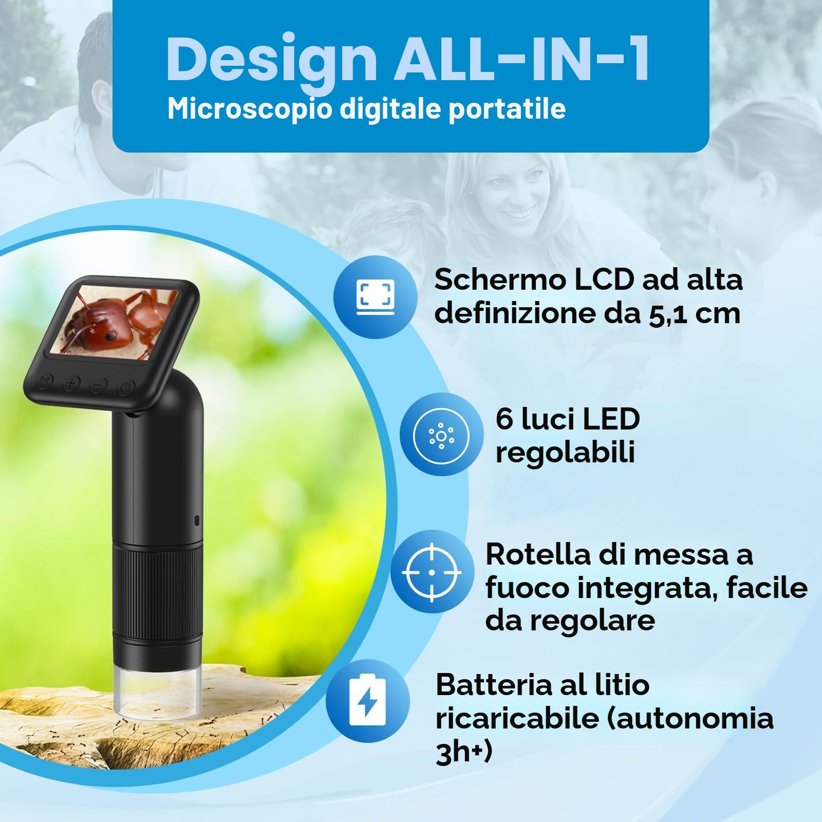 Microscopio digitale palmare LCD, microscopio portatile tascabile 800x con luci a LED Microscopio elettronico con lente d'ingrandimento, Handy-Mikroskop, USB a PC Inclusa scheda SD e vetrini campione