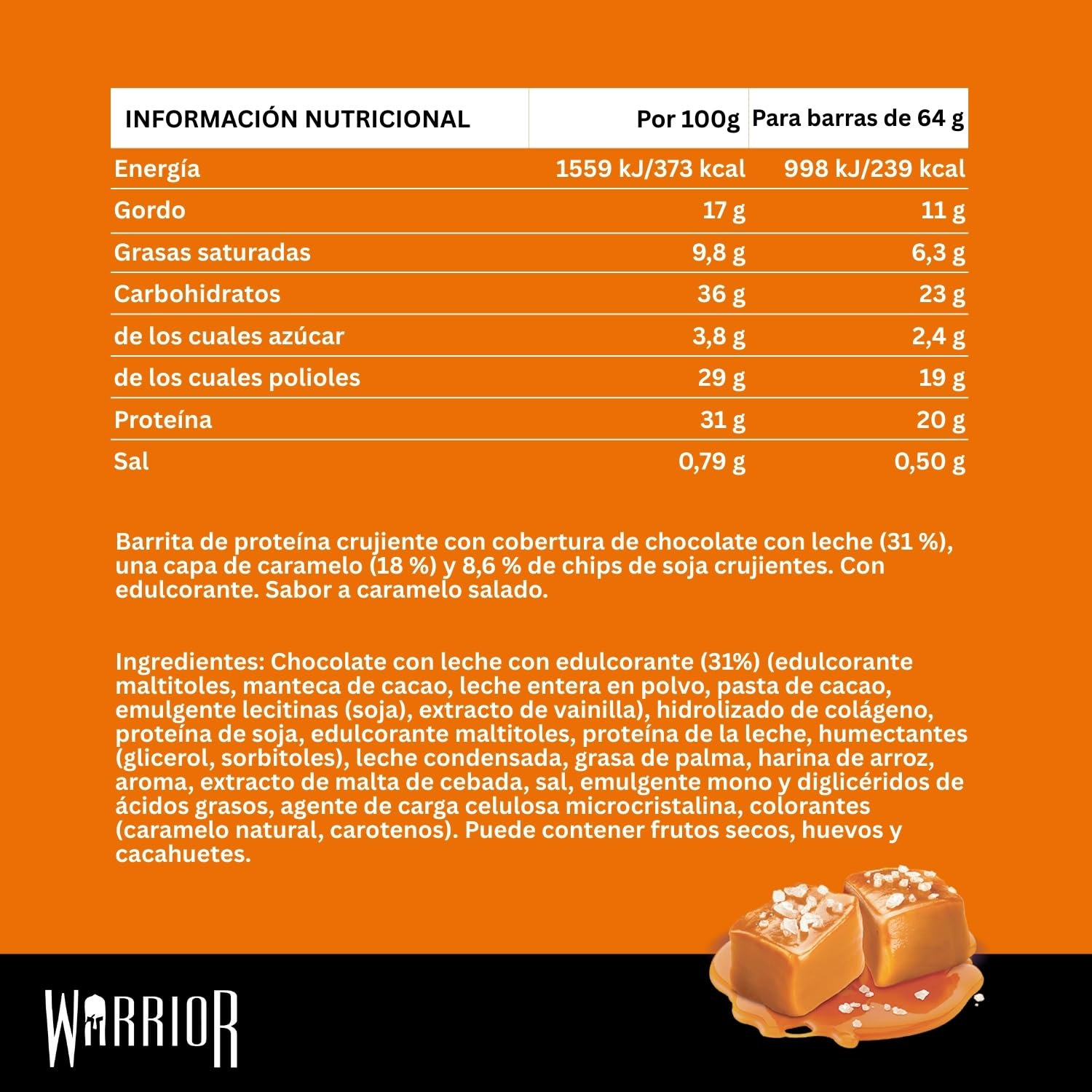 Warrior Crujiente Alto Valor Proteico Baja Carb Bar, 64 G, SALADO caramelo, paquete 12