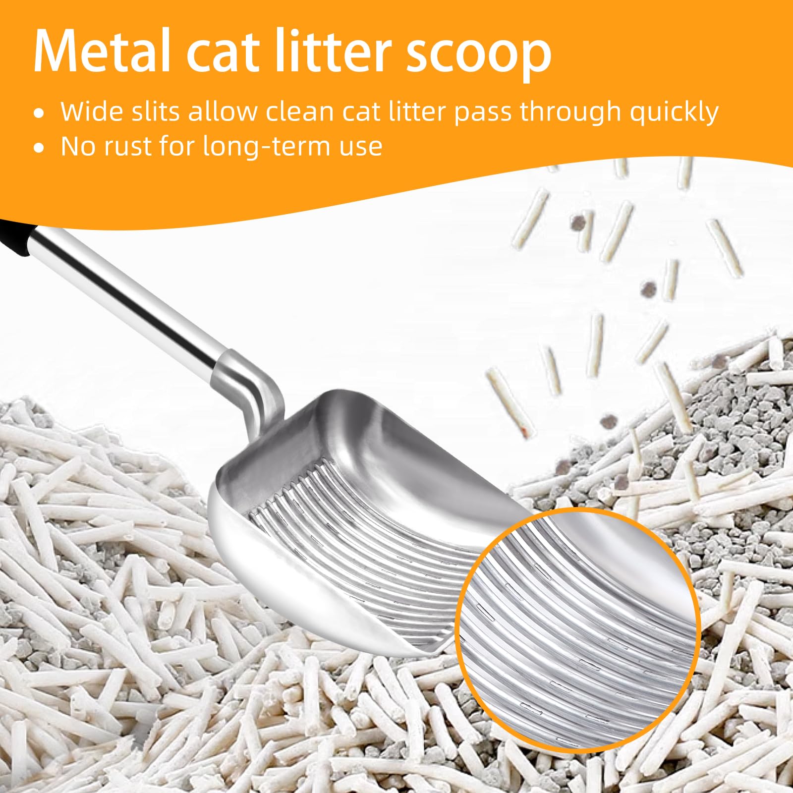 Metall-Katzenstreuschaufel, abnehmbarer Edelstahl, kein Zurückbiegen, robuste Katzenstreuschaufel, antihaftbeschichtet, langer Griff, mit Wandhalterung, für mehrere Katzen