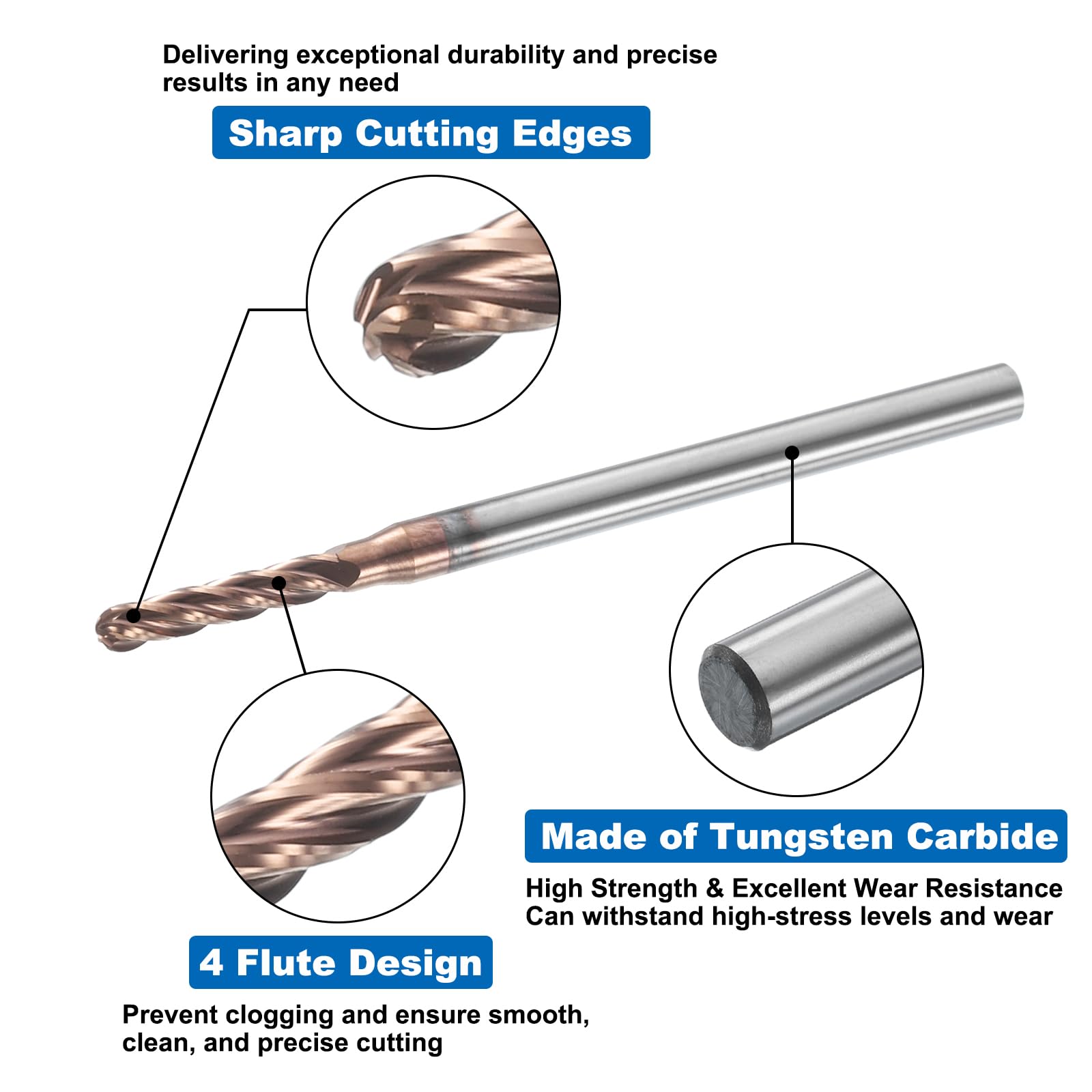 sourcing map Fraise à bec sphérique à 4 cannelures de 0,95 cm de diamètre et tige de 0,3 cm en carbure de tungstène avec revêtement en étain CNC Longueur de coupe 1,27 cm Boule d'extrémité unique pour