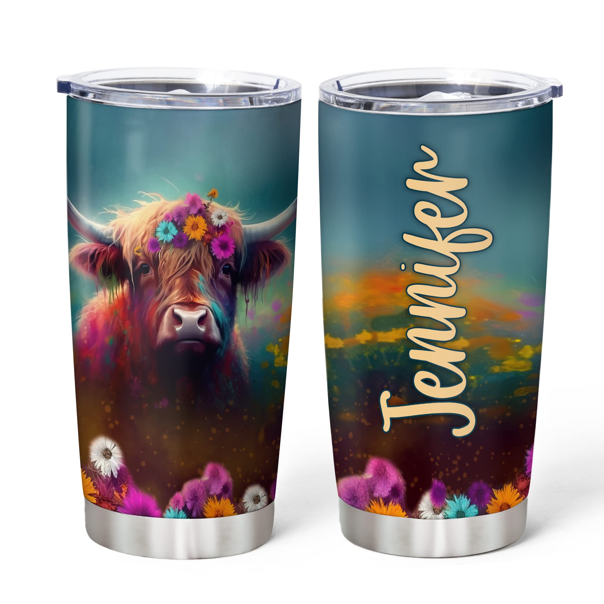 Hyturtle Personalized Gifts For Highland Cow Lover - Highland Cow Customized Name Stainless Steel Tumbler 20oz With Lid - Idea Farm Animals Lover Gifts For Women, Girl, kids On Birthday, Christmas