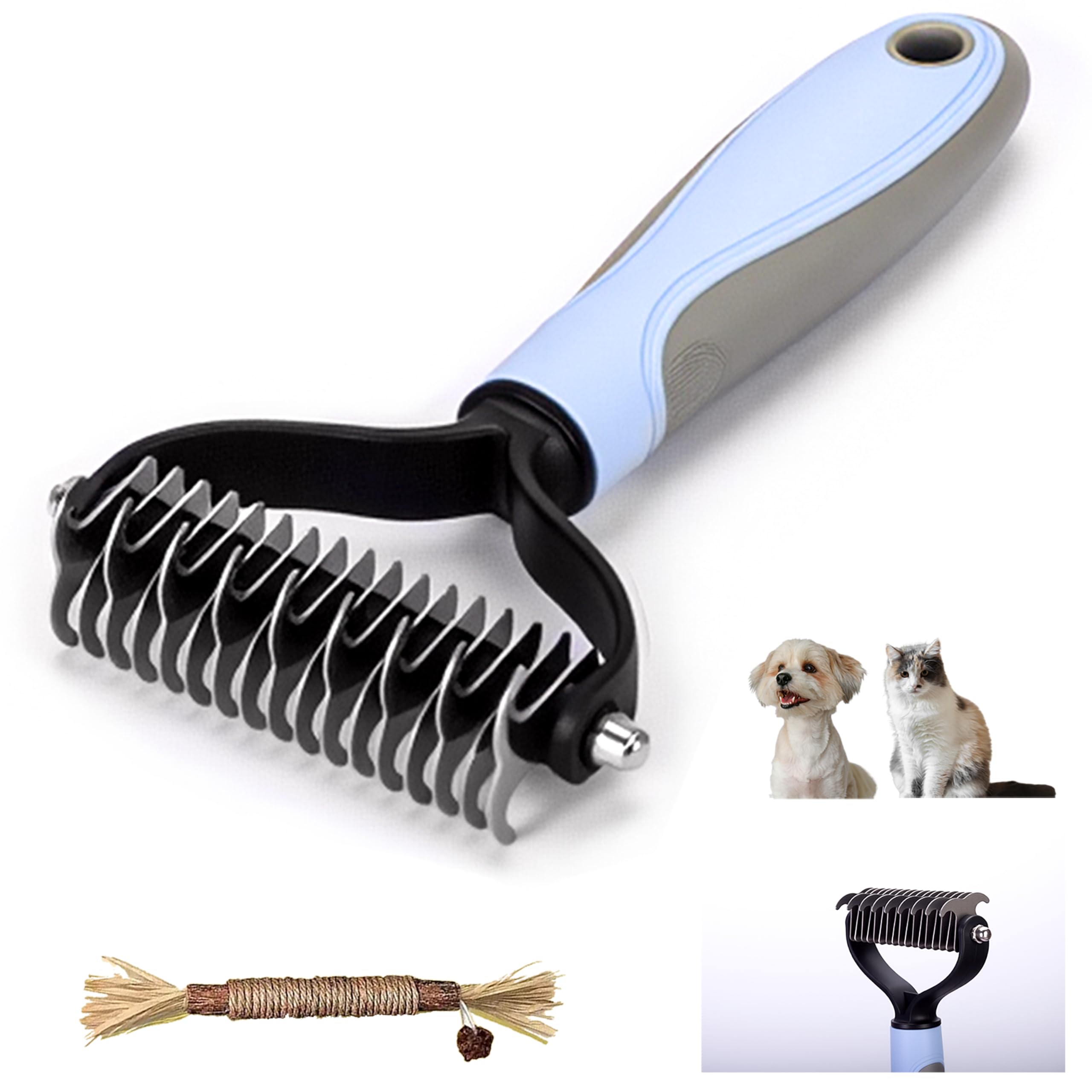 Double Sided Dematting Comb for Dogs &amp; Cats - 2-in-1 Undercoat Rake &amp; Double Coat Dog Brush, Pet Grooming Tool for Removing Mats &amp; Deshedding (Blue)
