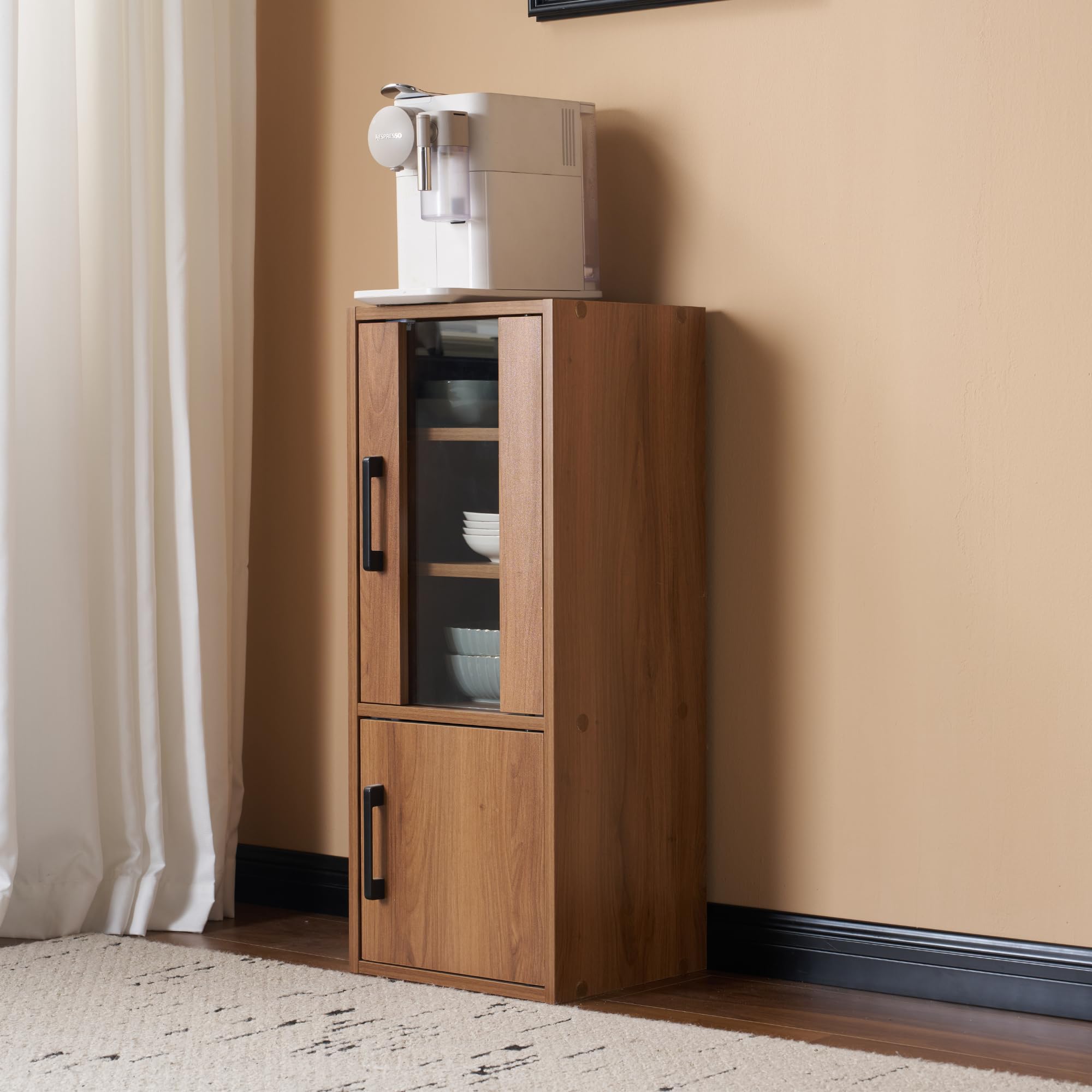 ブラウン 食器棚 収納付き 高さ120㎝ コンパクト カップボード 飾り棚/扉付 Amazon.co.jp: Jujwooo食器棚 収納付き コンパクト カップボード