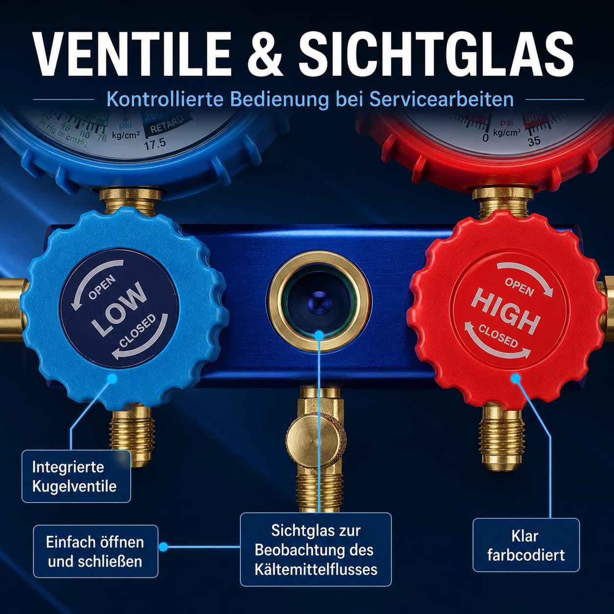 Klima-Monteurhilfe-Set mit 2 Manometern, 1/4-Zoll-Anschluss und 1,5-m-Schläuchen, für R134a, R22 und R410A