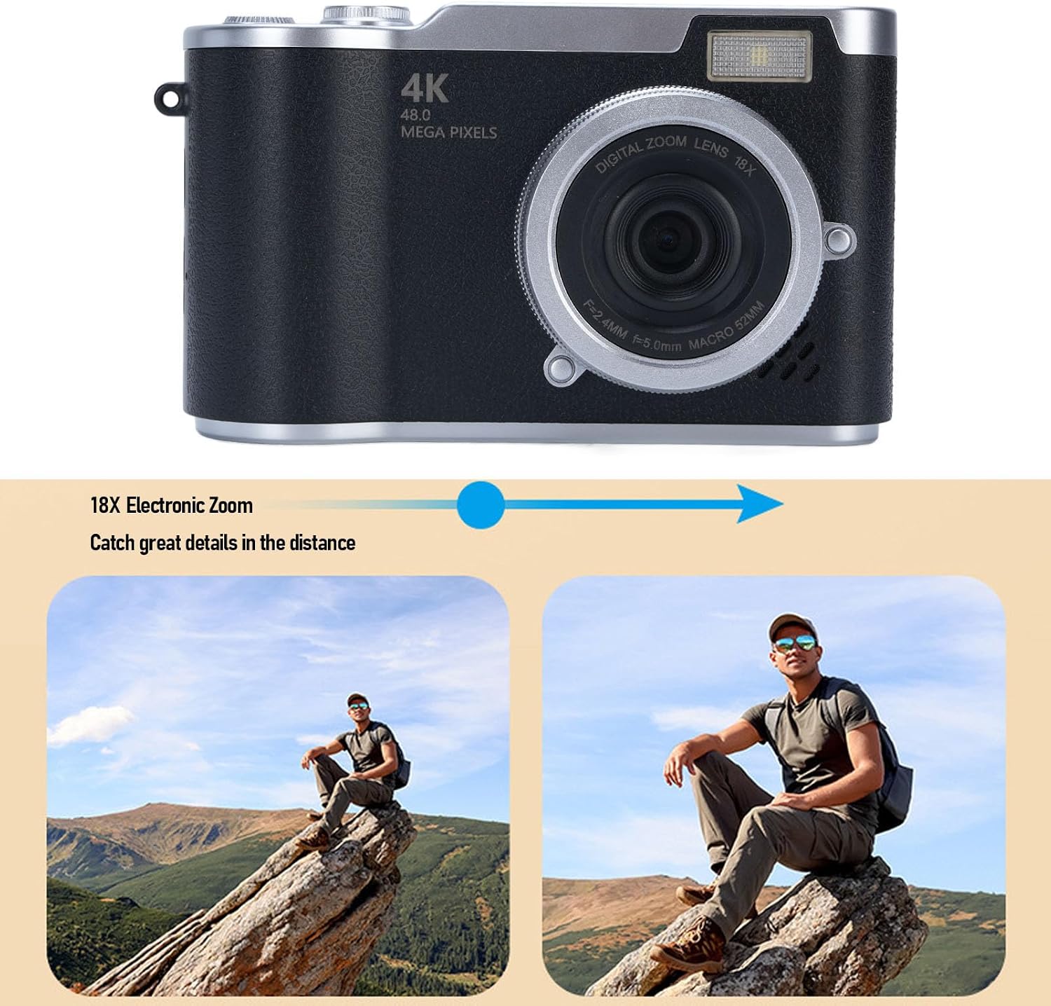 Digital Camera, 1080P 48MP HD Flip Screen Micro Single Vlog Camera with 8X Zoom, Compact Small Camera for Boys Girls Kids (Black)