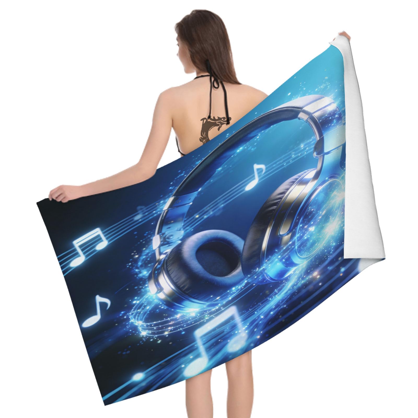 Leichong 3D Headphone Beach Towel Microfiber Soft Quick Dry for Adults, Teenager Bath Towel Lightweight Soft Absorbent for Travel Swimming Pool Sports, 75 x 150 cm