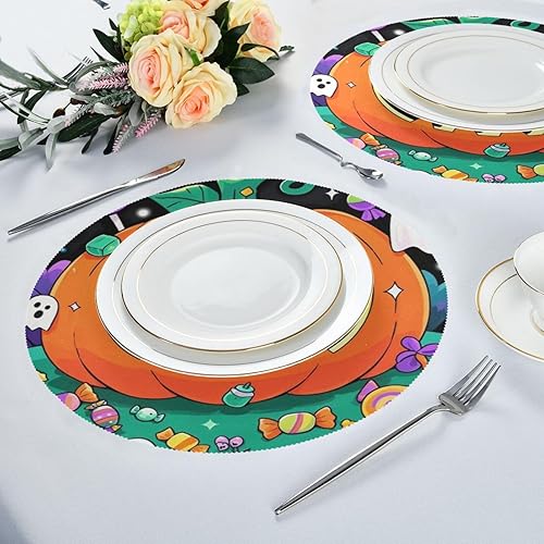 Miniatura 6 de Evil Orange Pumpkin for Halloween Table placemats Circle Cloth Waterproof Place mat manteles para mesa 15.4x15.4in Set of 6