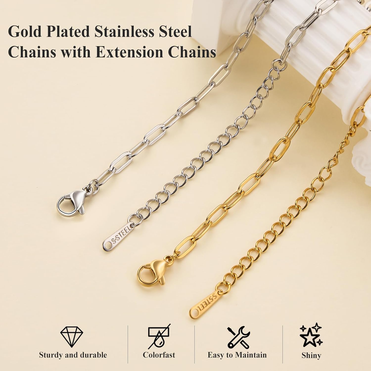 Gold and Silver Stainless Steel Chain for Jewelry Making 12 Pcs Gold Plated Paperclip Necklace Chains Bulk for Necklace Making - Image 3