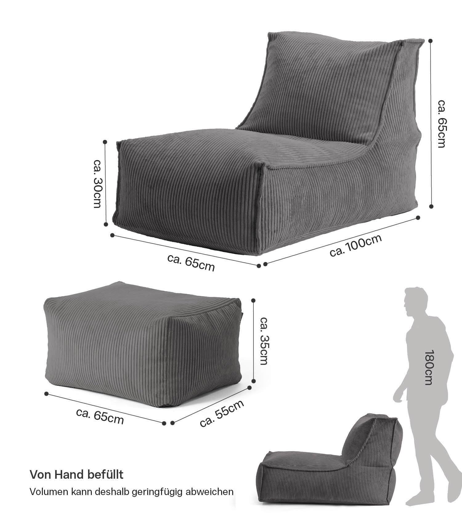 mokebo Sitzsack mit Hocker aus Cord 'Der Gelassene' Made in Germany, Bean Bag, Relaxliege, Bodenkissen mit EPS-Perlen Füllung, kuschelige & gemütliche Liege für Wohnzimmer & Wintergarten in Anthrazit
