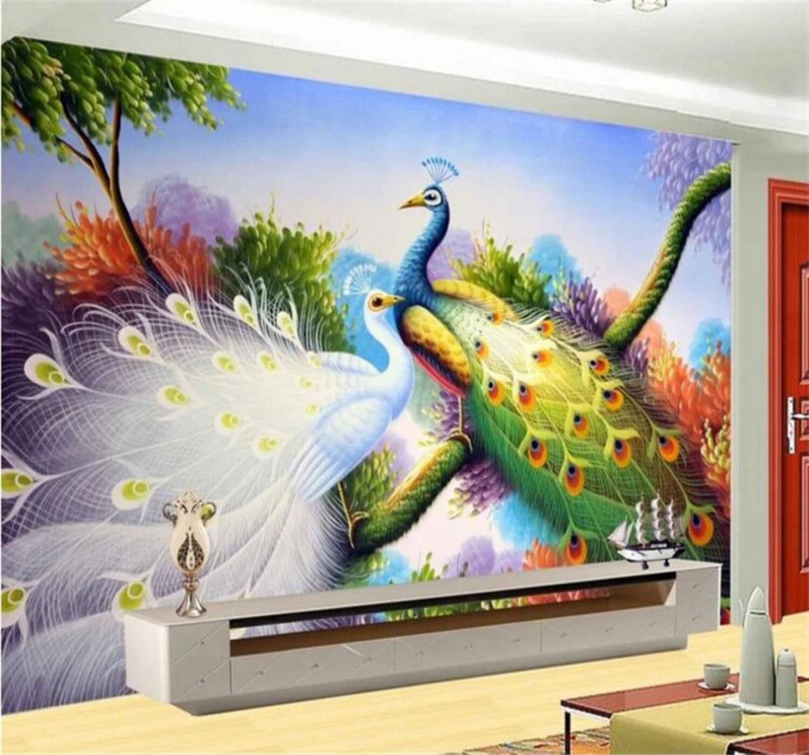 Three Dimensional Beautiful Peacock Jungle Landscape 3D Wallpaper Easy Install Feature Office Living Room Sofa Bedroom TV Background Wall Decoration-400cm×280cm