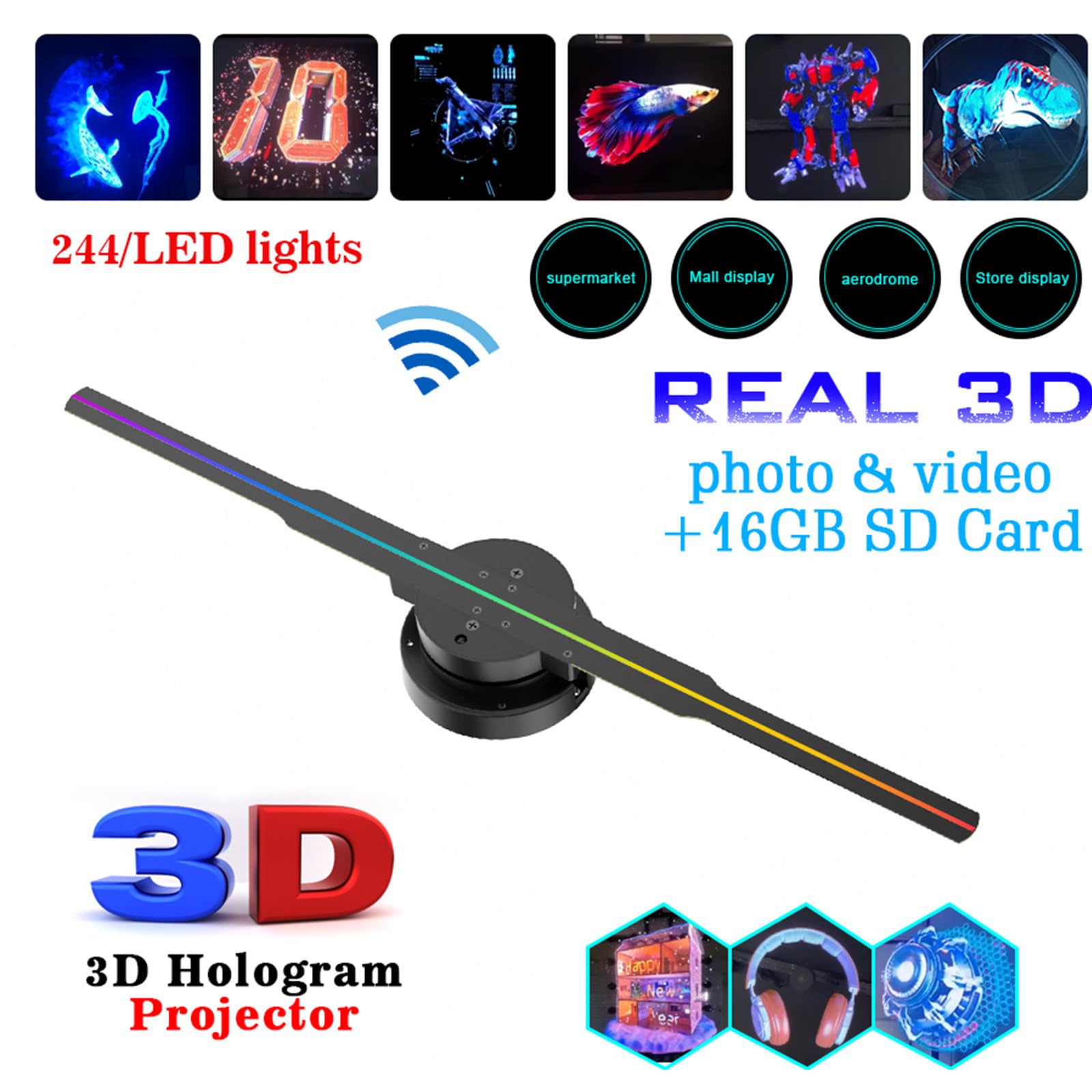 Wentylator holograficzny LED 3D (efekt bez okularów) z Bluetooth i aplikacją – wyświetlacz 1010RGB HD (352 diody LED) do sklepów i punktów handlowych