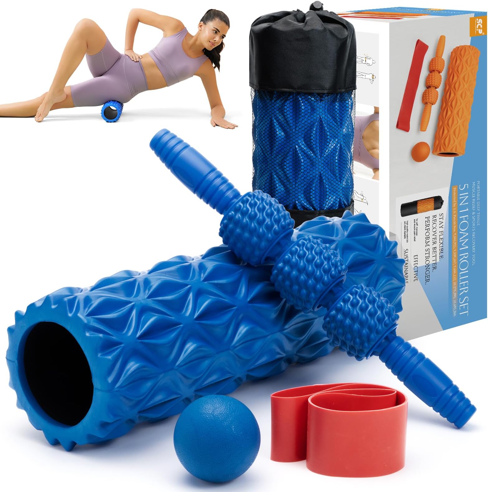 5 in1 Foam Roller Set, Trigger Point Foam Roller, Massage Roller Stick, Massage Ball, Resistance Band for Deep Muscle Massage Pilates Yoga,Fitness Exercise for Whole Body (Pure Blue)