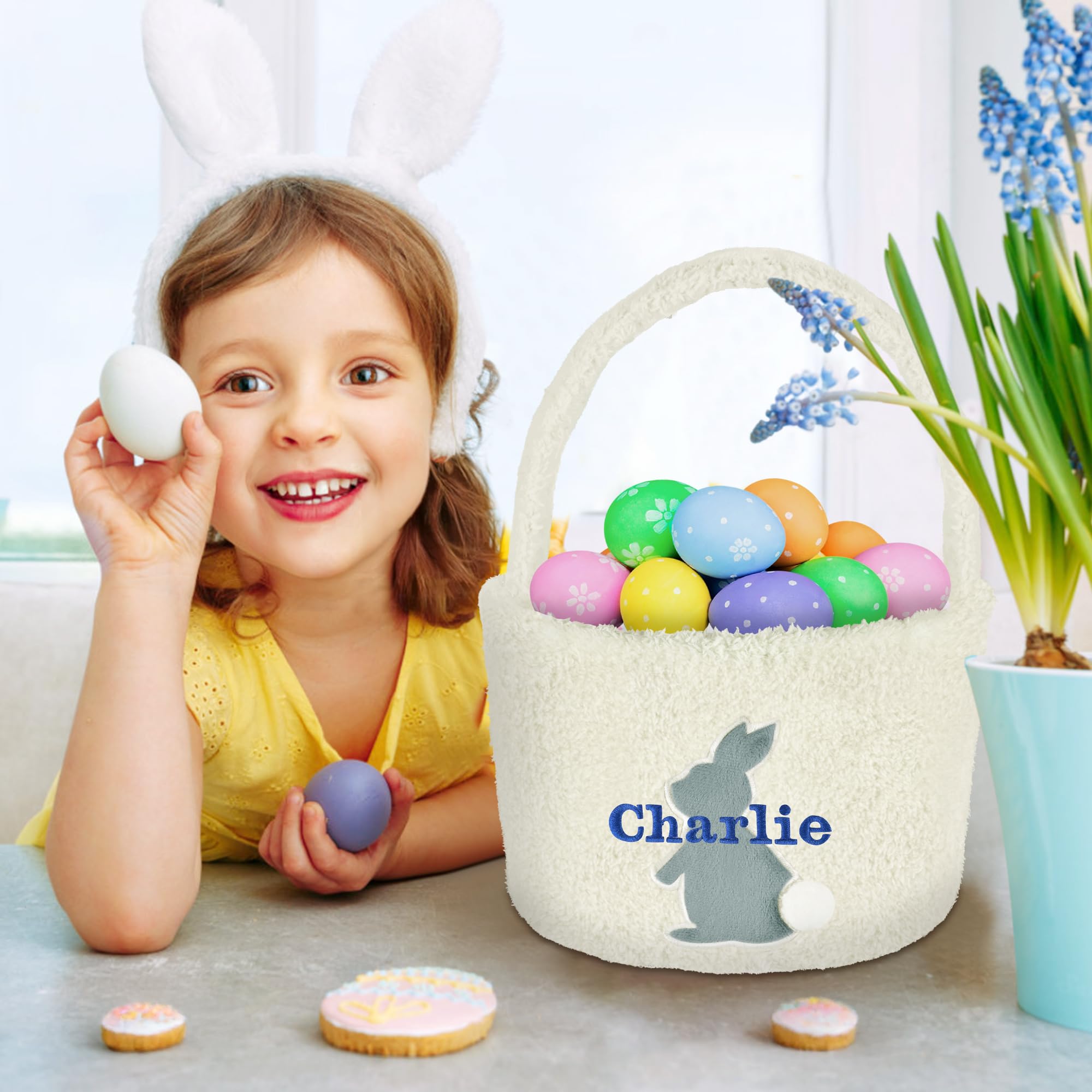 Easter Basket - VIAKDEM Easter Baskets for Kids - Easter Basket with Name - Bunny Easter Basket - Personalized Easter Baskets for Boys, Girls, Toddler, Babies, Infant - Plush White