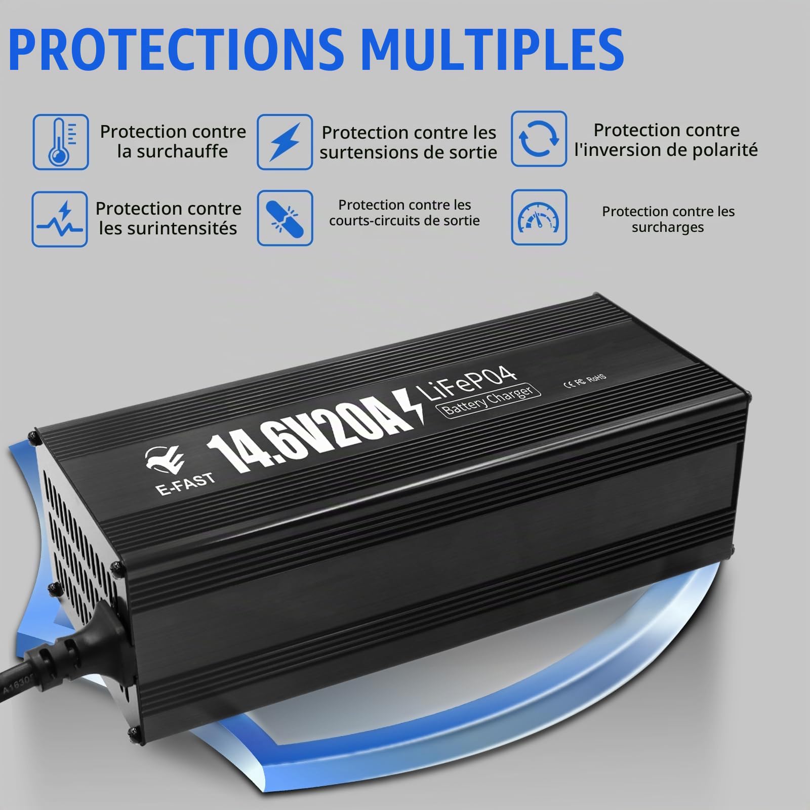 Chargeur de Batterie Automobile LiFePO4 14,6V 20A Chargeur Batterie 12V Protection Multiple Chargement Rapide pour Batterie au Lithium 12V