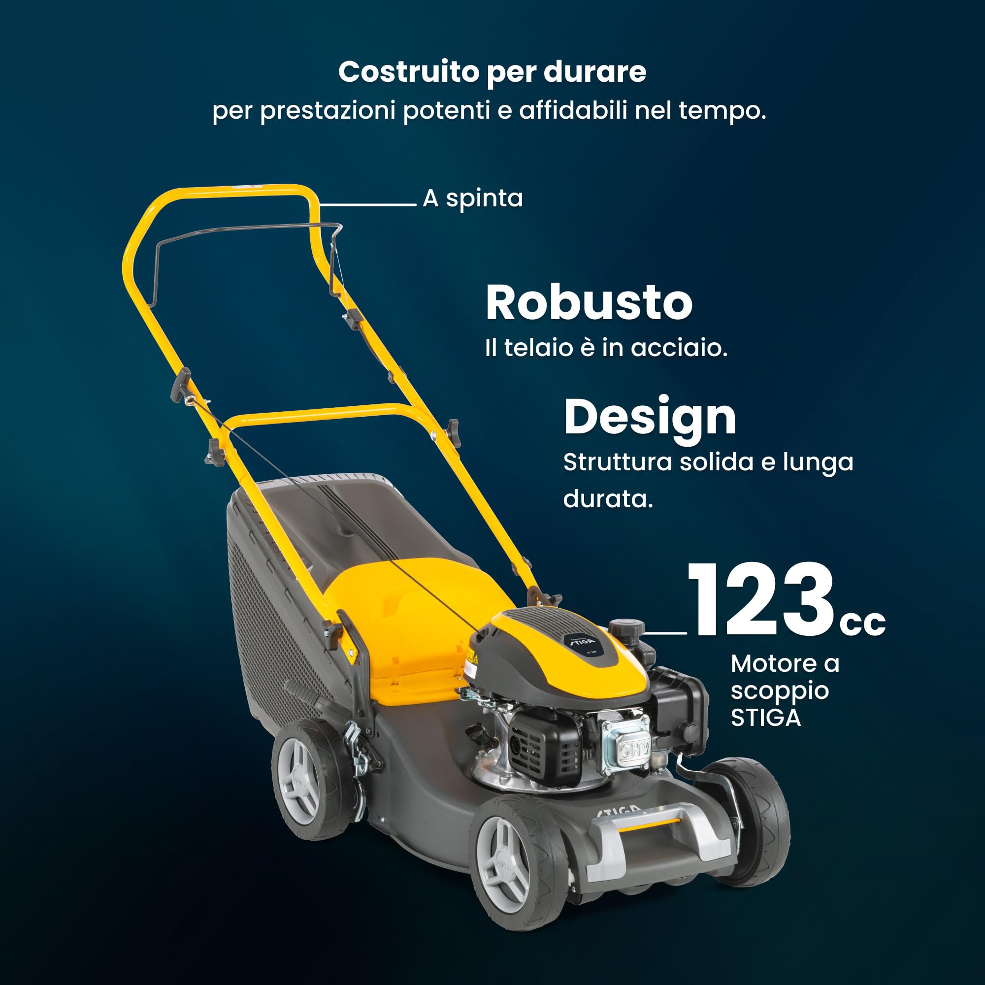 STIGA COLLECTOR 43 - Rasaerba a scoppio 123 cm³ 1,9 kW, larghezza di taglio 41 cm, scocca in acciaio, avanzamento a spinta, regolazione centralizzata dell'altezza di taglio, sacco raccolta da 60 litri