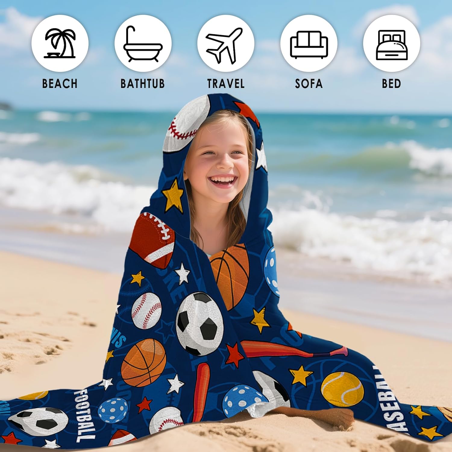 Balls Hooded Beach Towel For Kids, Cartoon Hooded Towels For Toddlers 30" x 50", Kids Beach Towels For Pool, Travel, Swim, Colorful Wearable Bath Towel For Toddlers, Girls Bath Towel with Hood - Image 6