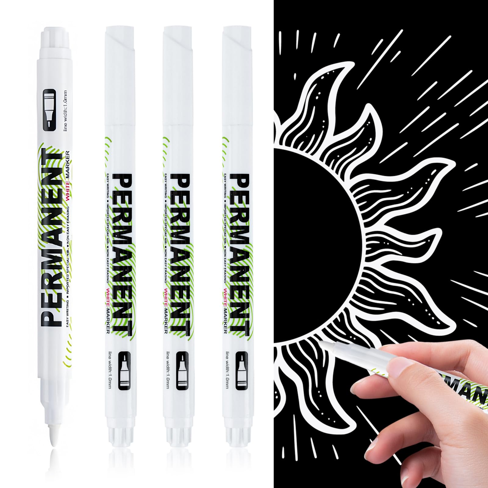 meukcez Set de 4 Rotulador Blanco Permanente de Acrílico, 1mm Marcadores de Pintura Blanca para Diversas Superficies, Ideal para Lienzo, Papel, Madera y Piedra, Regalo Creativo para Artistas y DIY