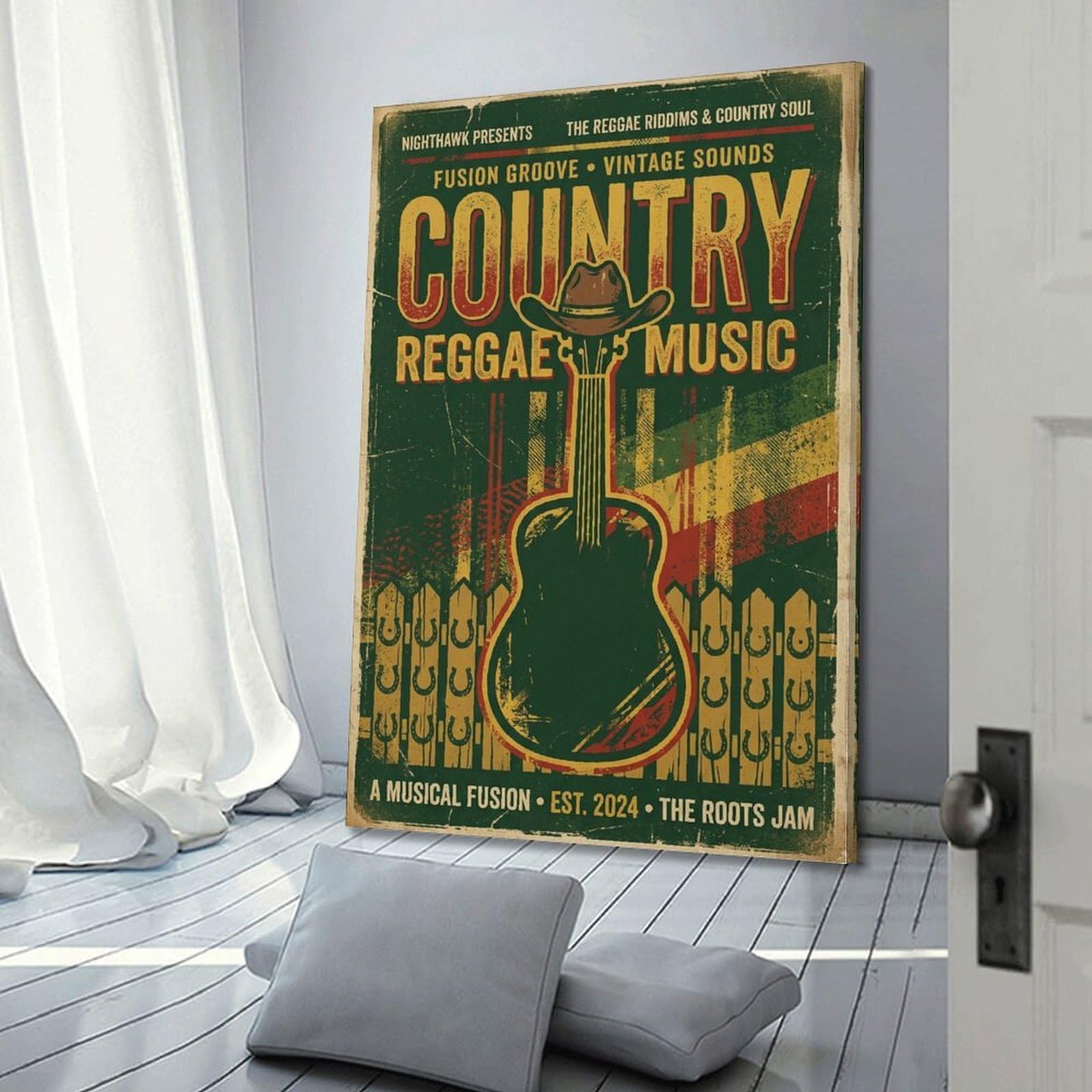 OKNGB Poster decorativo da parete su tela, motivo country reggae, cappello da cowboy e chitarra, stampa artistica su tela, poster decorativo moderno, per camera da letto, 60 x 90 cm