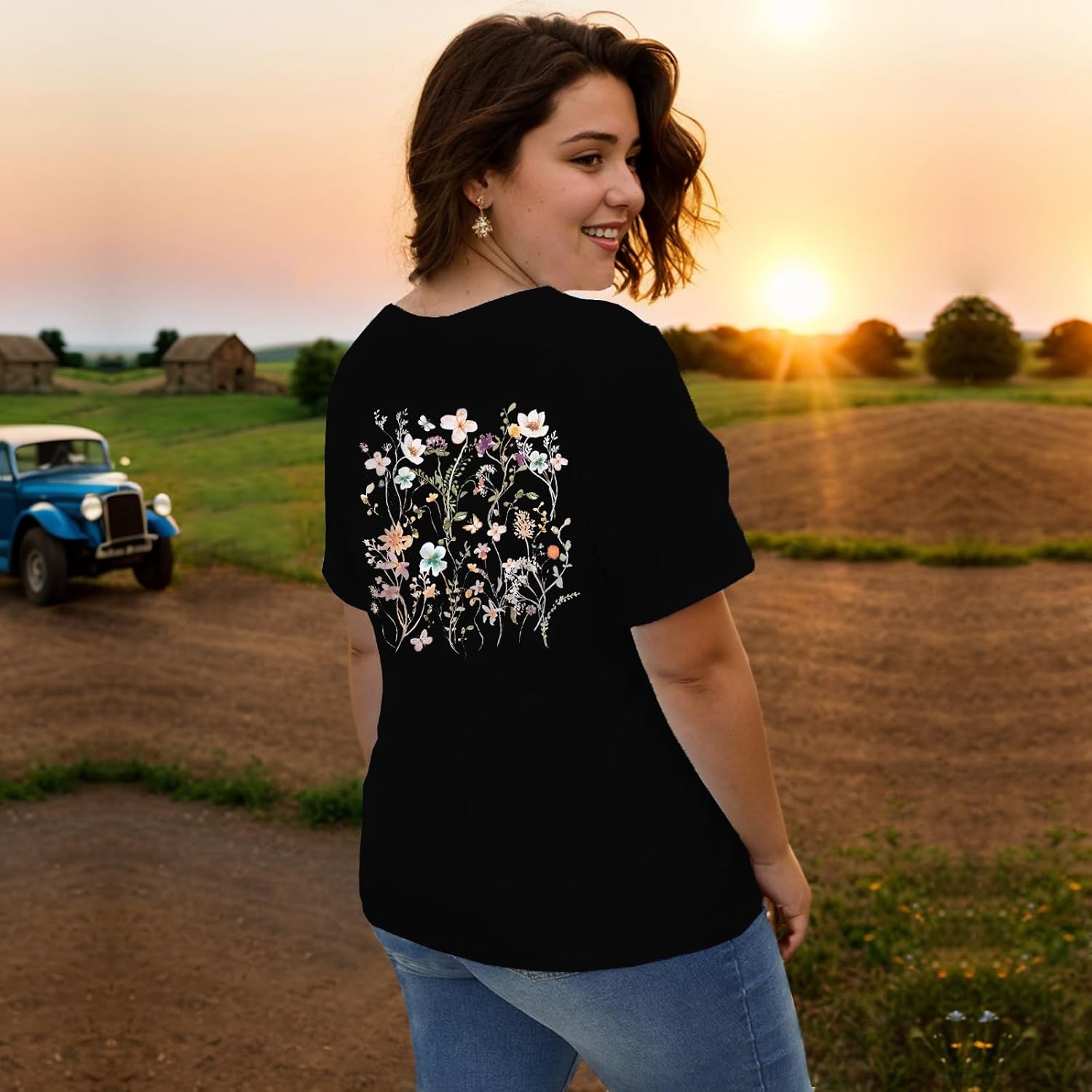 Women's Boho Flower T Shirt Vintage Floral Graphic Loose Tees Casual Funny Wildflowers Printed Cute Tops - Image 6