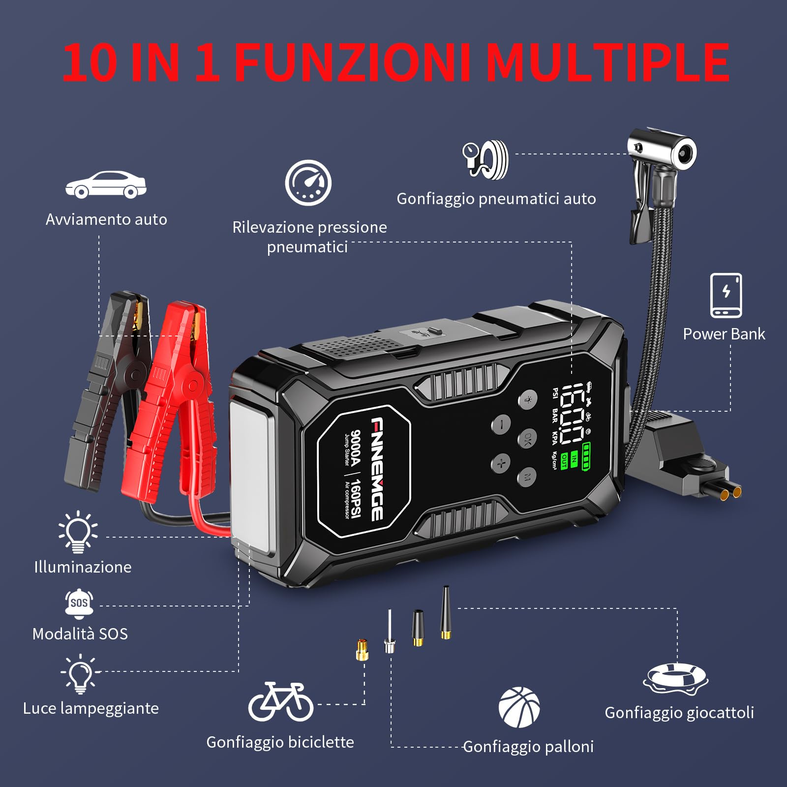 FNNEMGE Avviatore Batteria Auto, 9000A & 26800mAh & 160PSI Avviatore Emergenza per Auto con Compressore Aria (Tutti i Veicoli a Benzina o 12,0L Diesel), Avviatore di Emergenza, con di HD LCD Display.