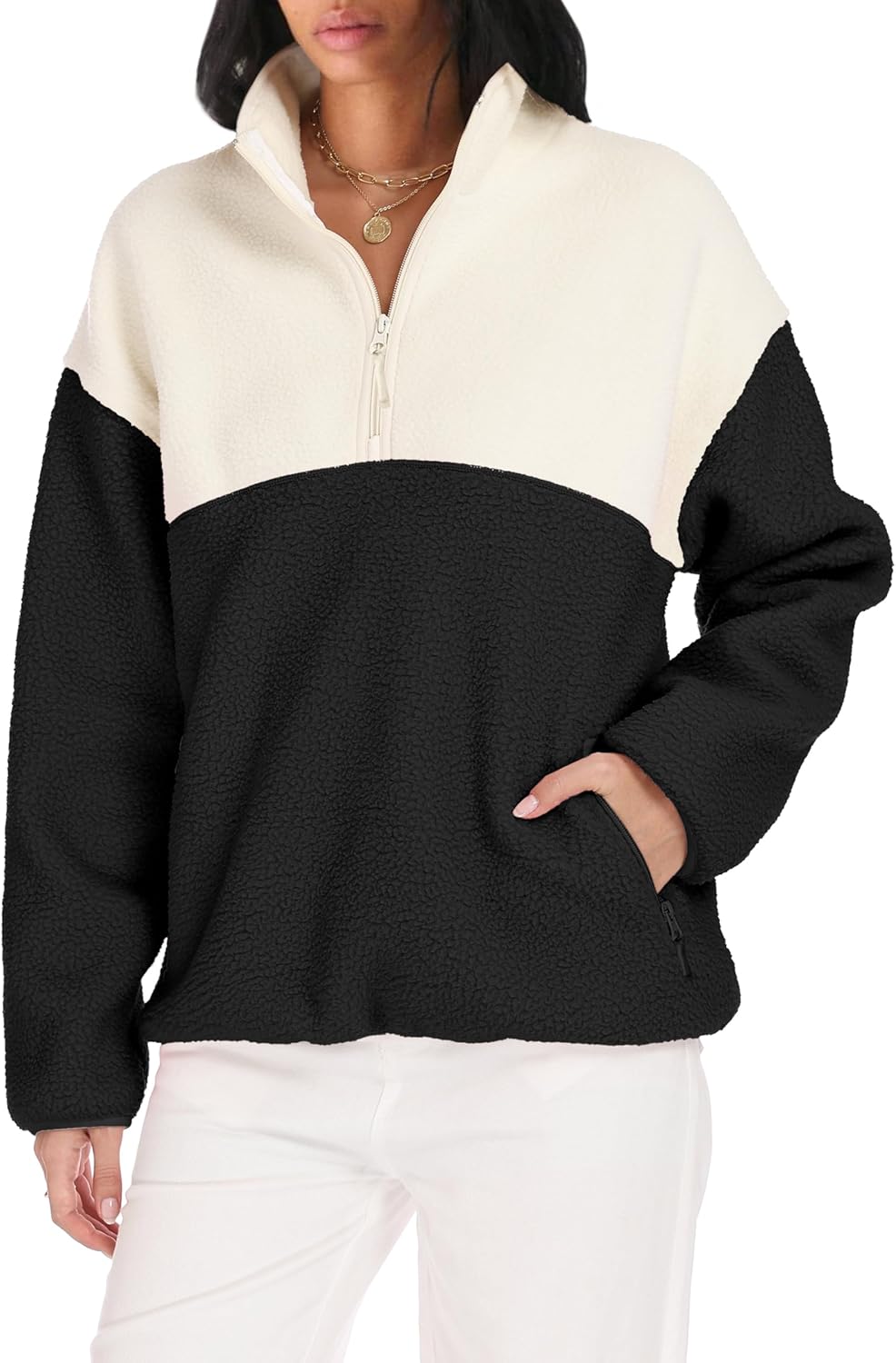Womens Colorblock Fleece Jacket Half Zip Mockneck Sherpa Pullover Hiking Outdoor Sweatshirts with Pockets