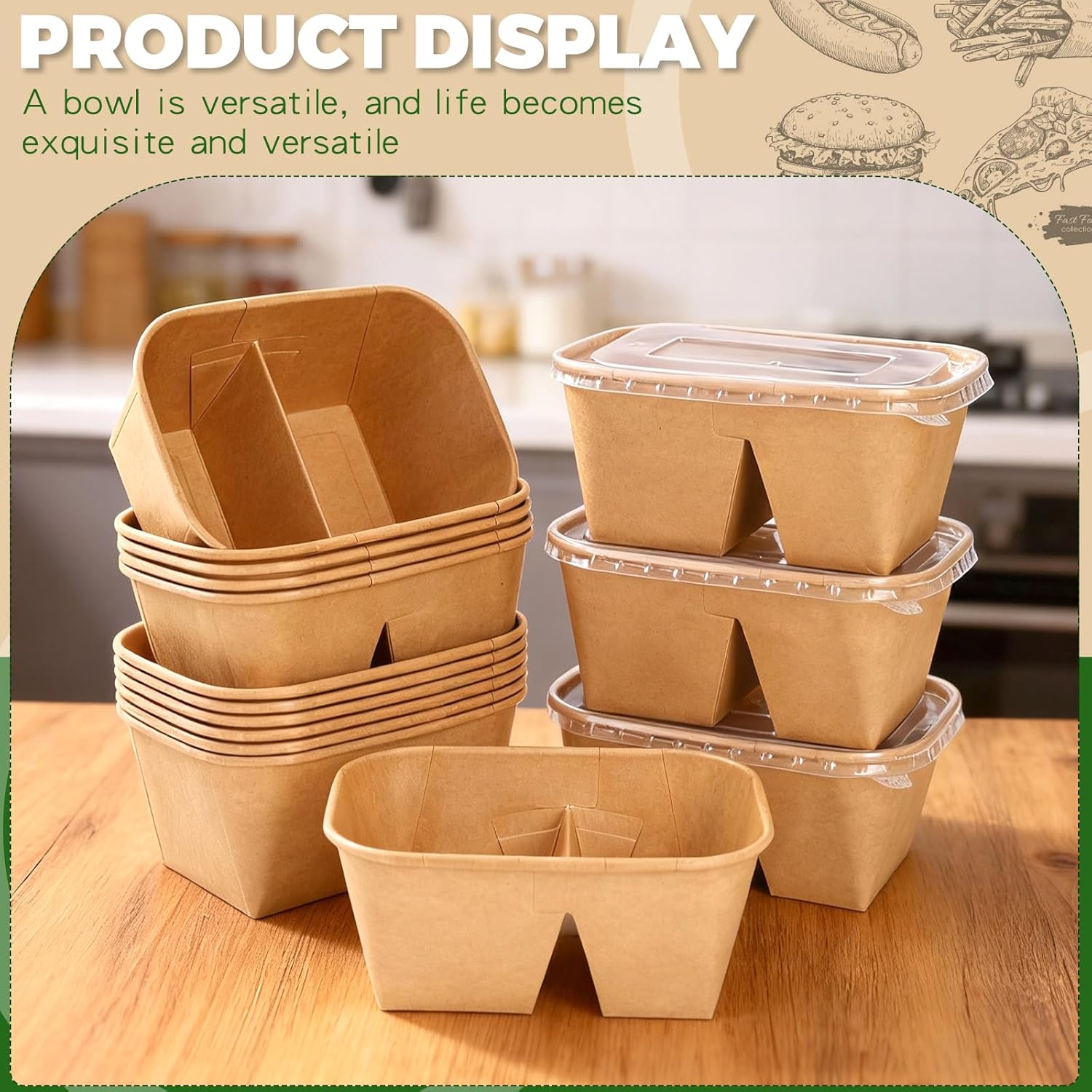 DI QIU REN 50-Pack 35oz Disposable Kraft Paper Bowls 2-Compartment【with Lids and Forks】, Large Food Meal Prep Containers To Go Containers, Microwave Safe for Hot/Cold Food (50, Kraft paper, 35oz)