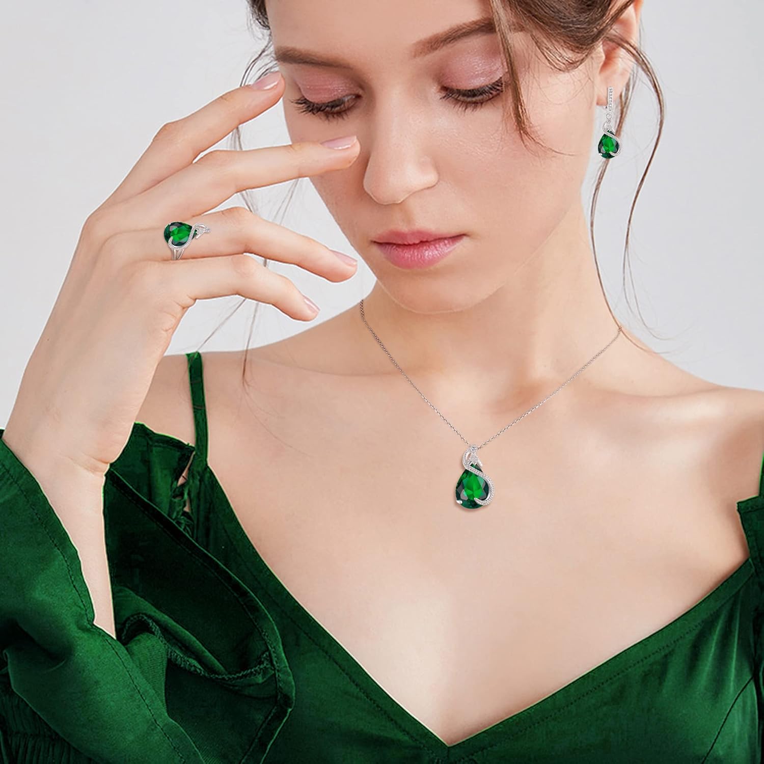 EVER FAITH Wedding Jewelry Set for Bride Bridesmaid, Glamour Teardrop Cubic Zirconia Pendant Necklace Earrings Tennis Bracelet Open Ring Sets for Birthday/Valentine's Day/Mother's Day/Christmas - Image 3